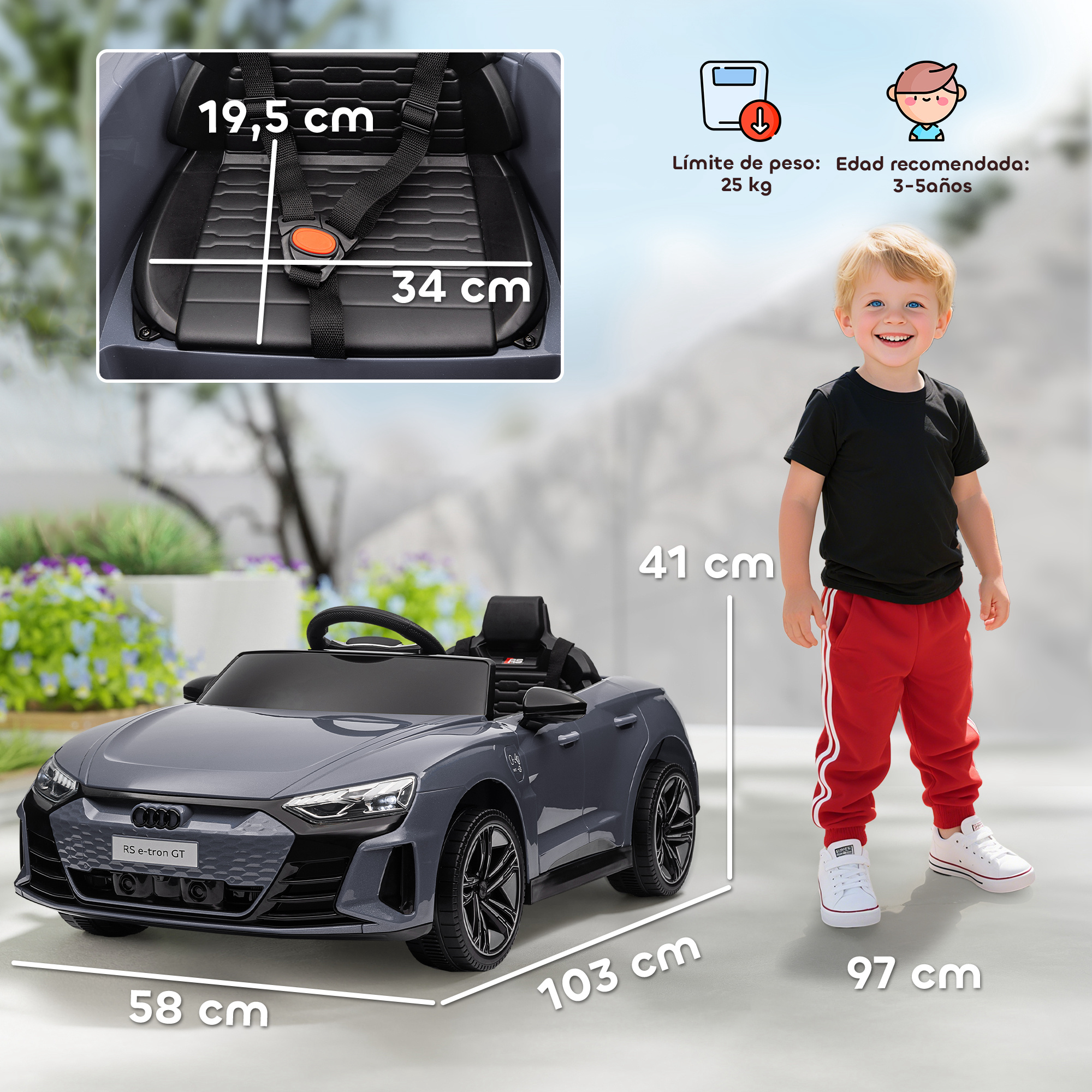 Un coche de juguete gris con dimensiones, un niño y límites de peso/edad recomendados sobre un fondo claro con vegetación borrosa.
