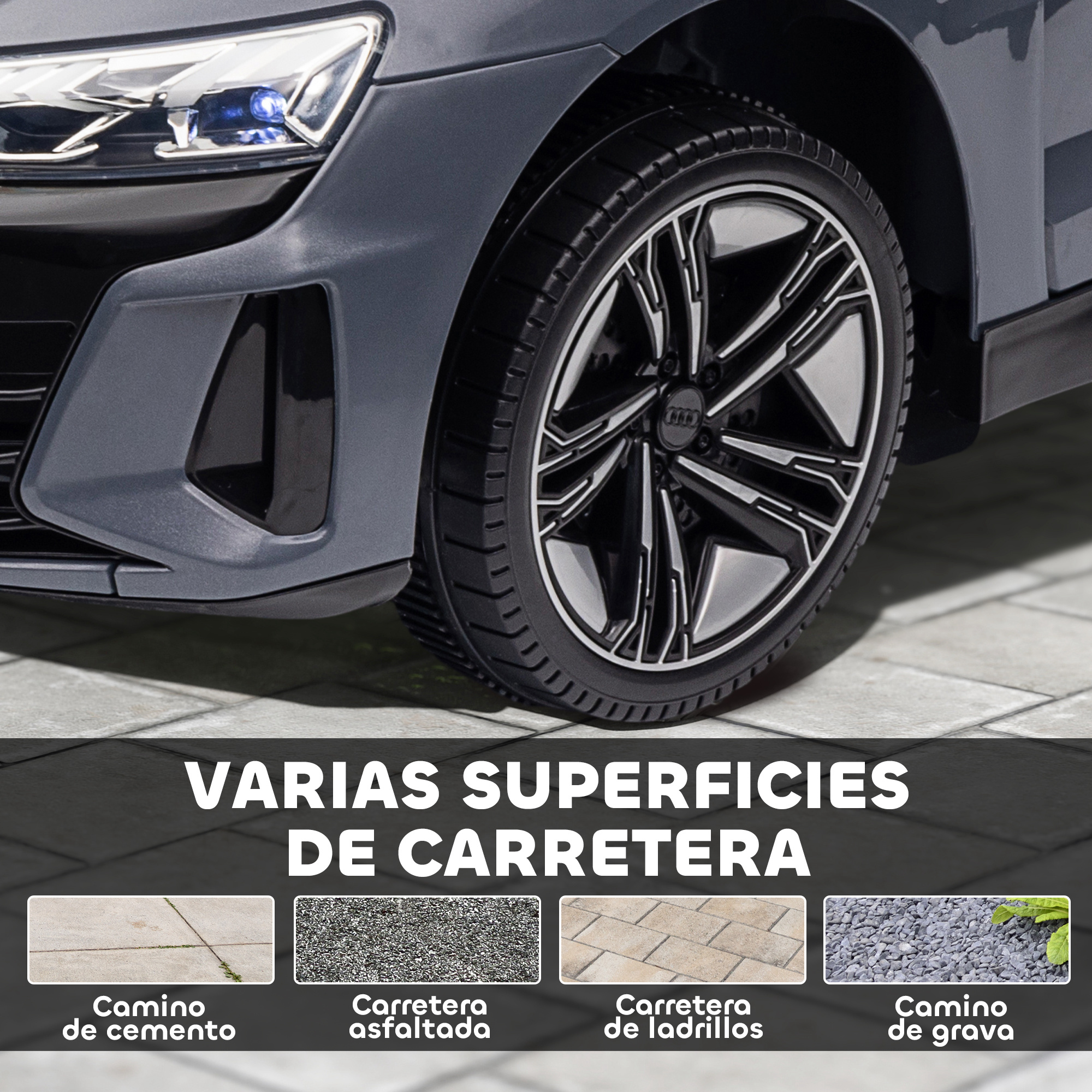 Coche gris con rueda y cuatro superficies: cemento, asfalto, ladrillo, grava.