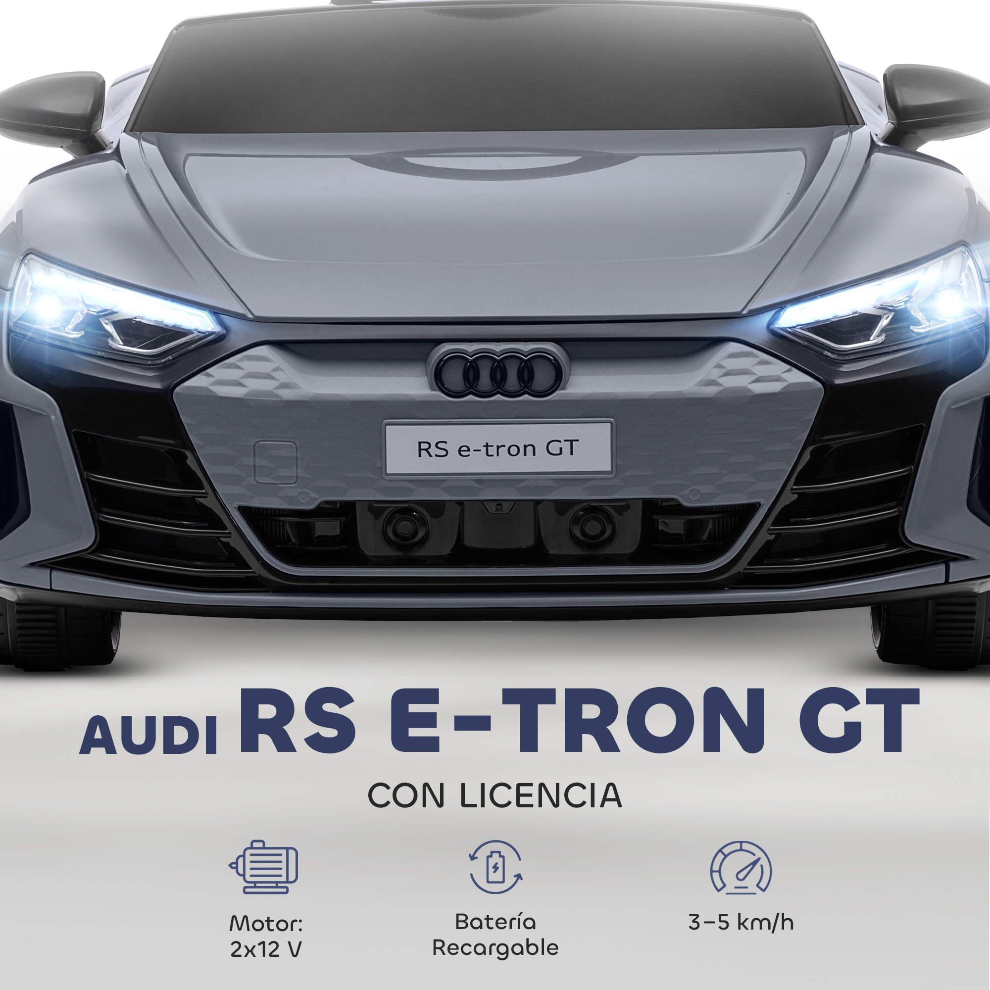 Coche de juguete Audi RS e-tron GT gris con faros iluminados.