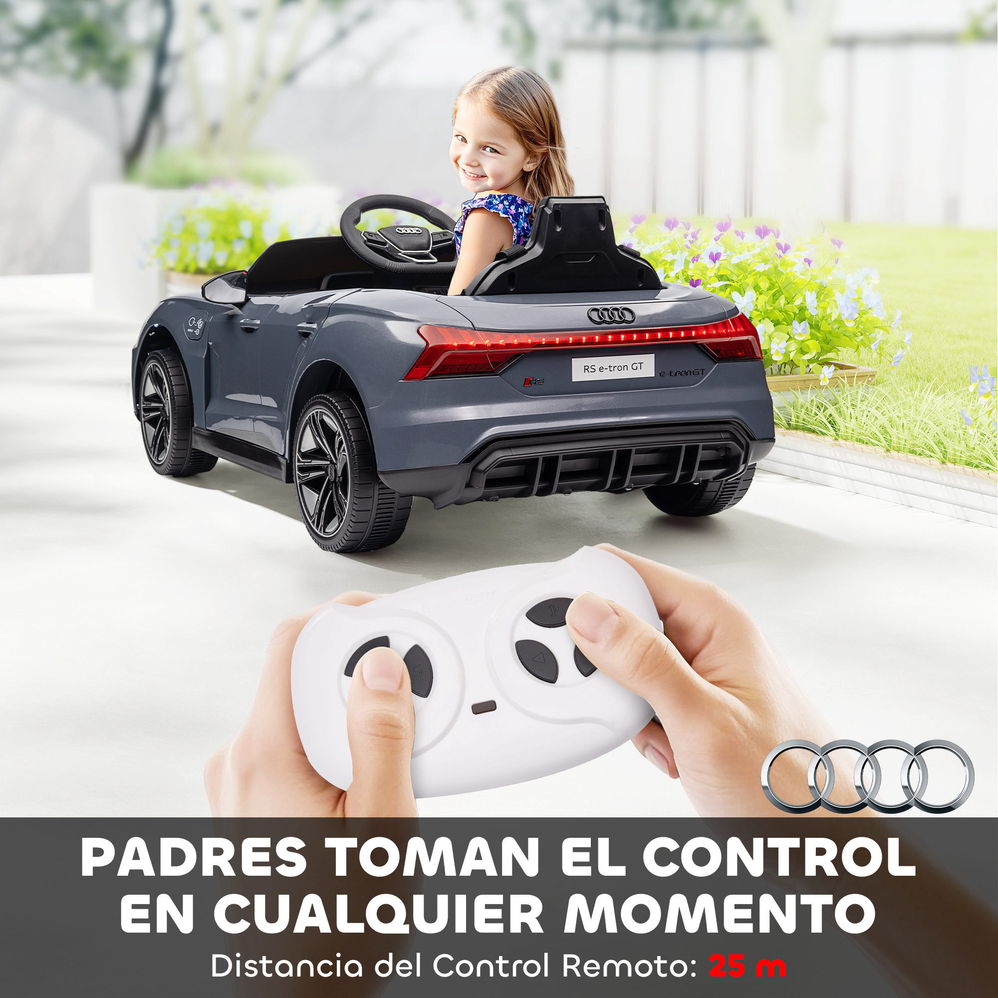 Niña en coche eléctrico Audi RS e-tron GT gris, manos sostienen mando a distancia.