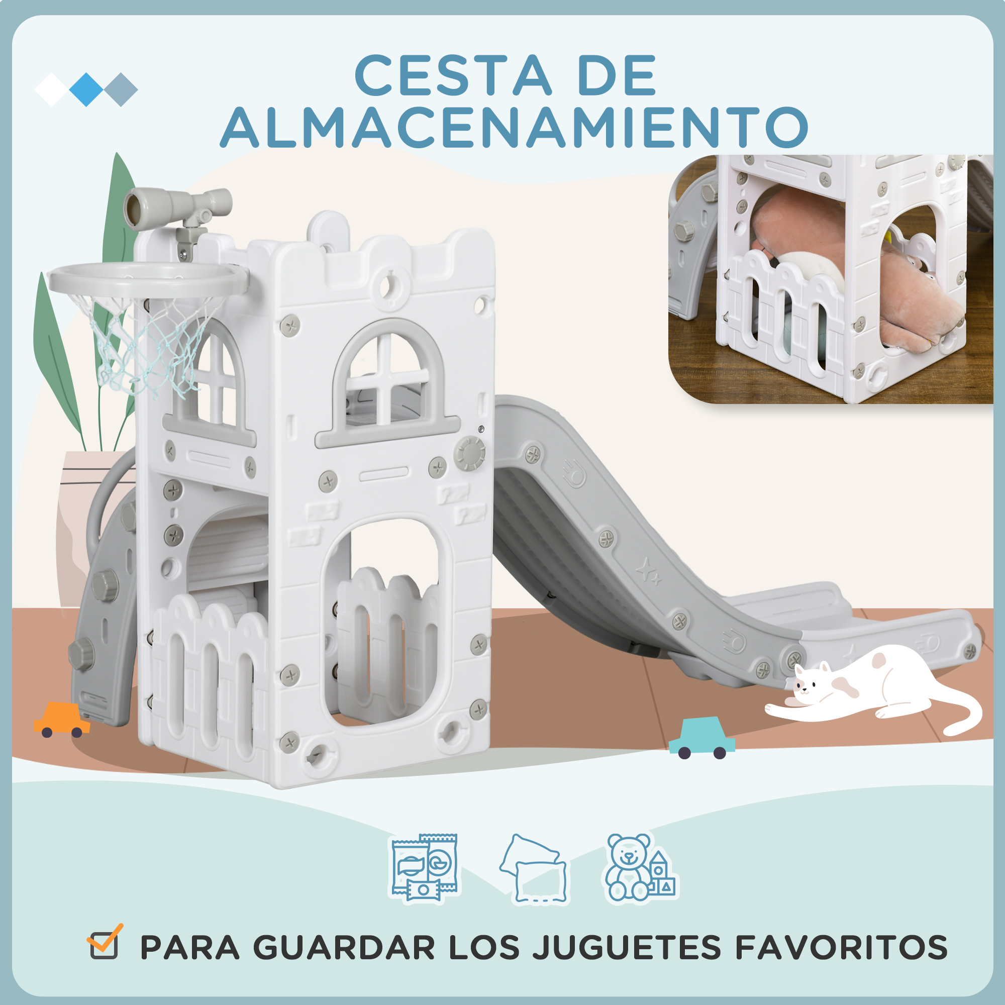 Casa de juegos blanca con tobogán, canasta y juguetes. Un gato descansa cerca.