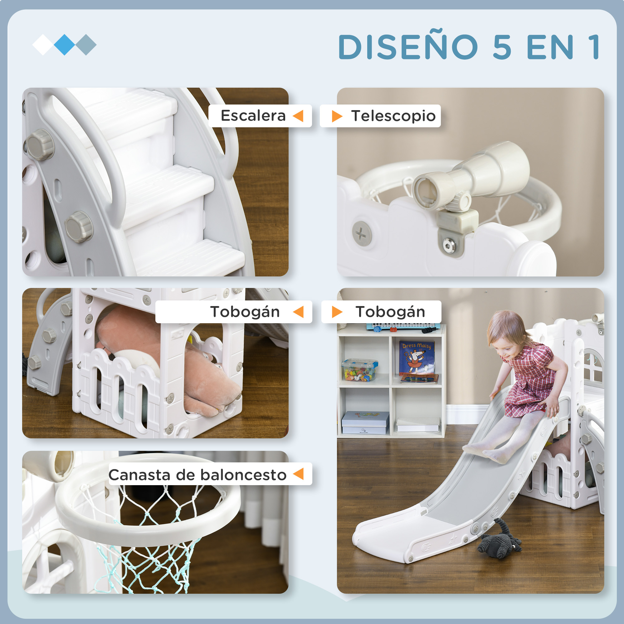 Cuatro imágenes muestran una estructura de juego con escalera, telescopio, tobogán y canasta.