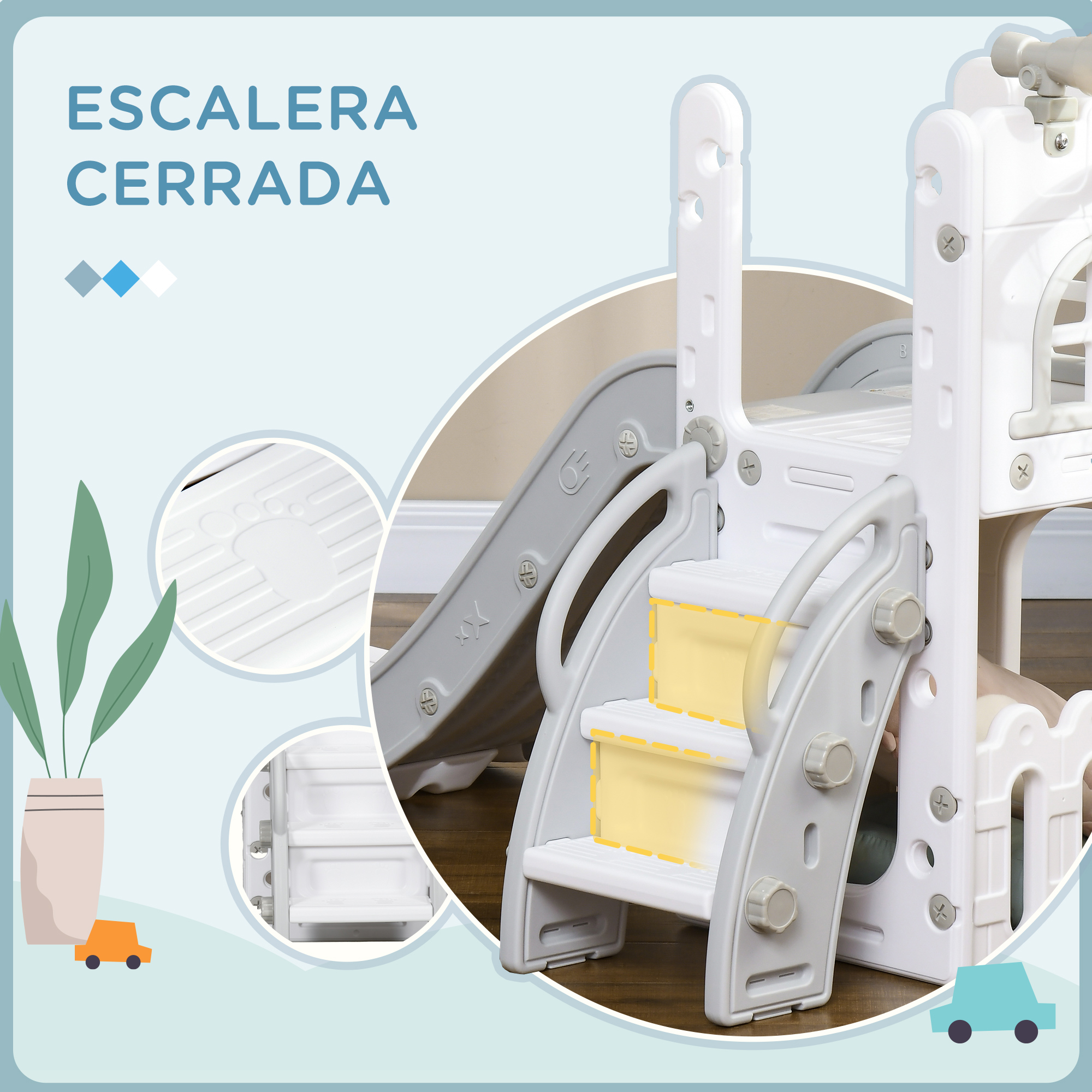 Parque infantil blanco y gris con tobogán y escalones, junto a planta y coche de juguete.