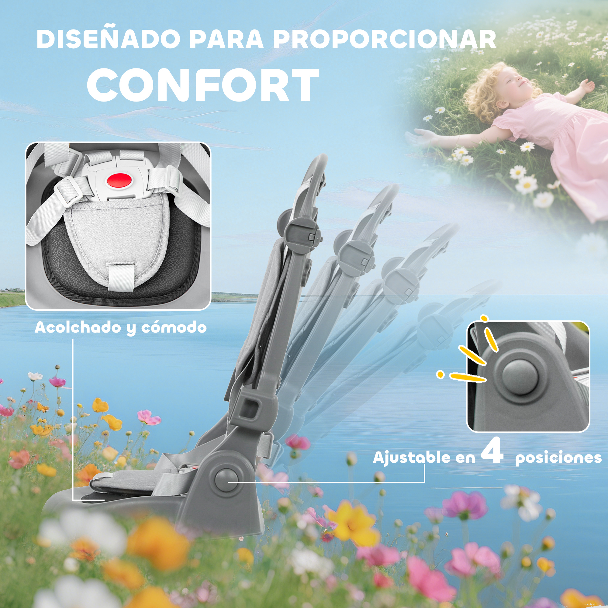 Asiento de coche ajustable y acolchado frente a un prado de flores.