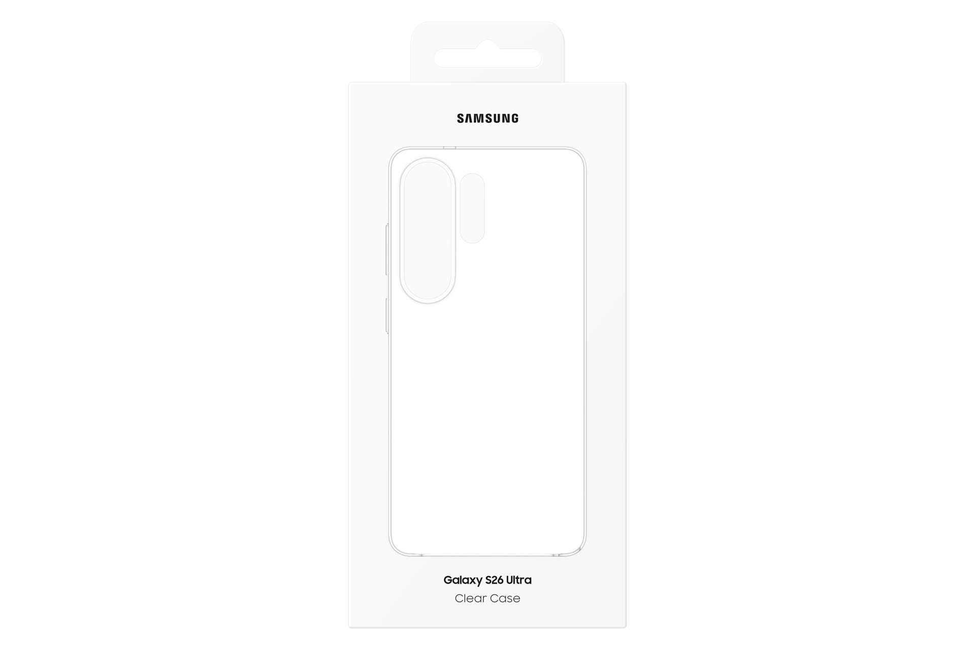 Confezione Samsung Galaxy S26 Ultra Clear Case con contorno telefono.