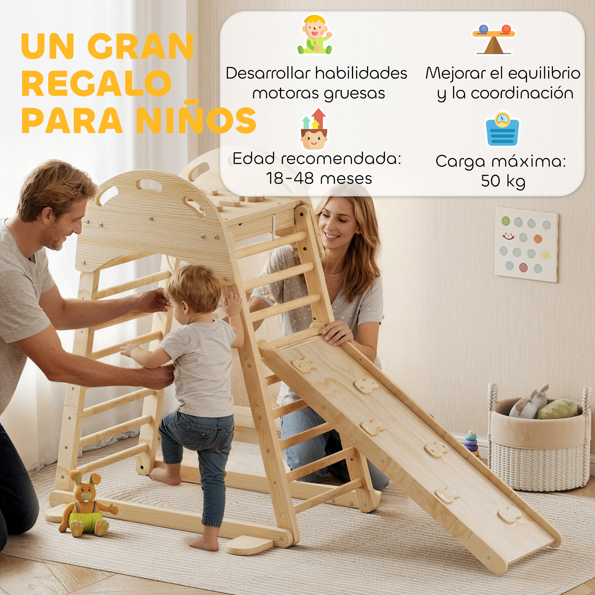 Padres ayudan a niño en estructura de juego de madera. Texto resalta beneficios.