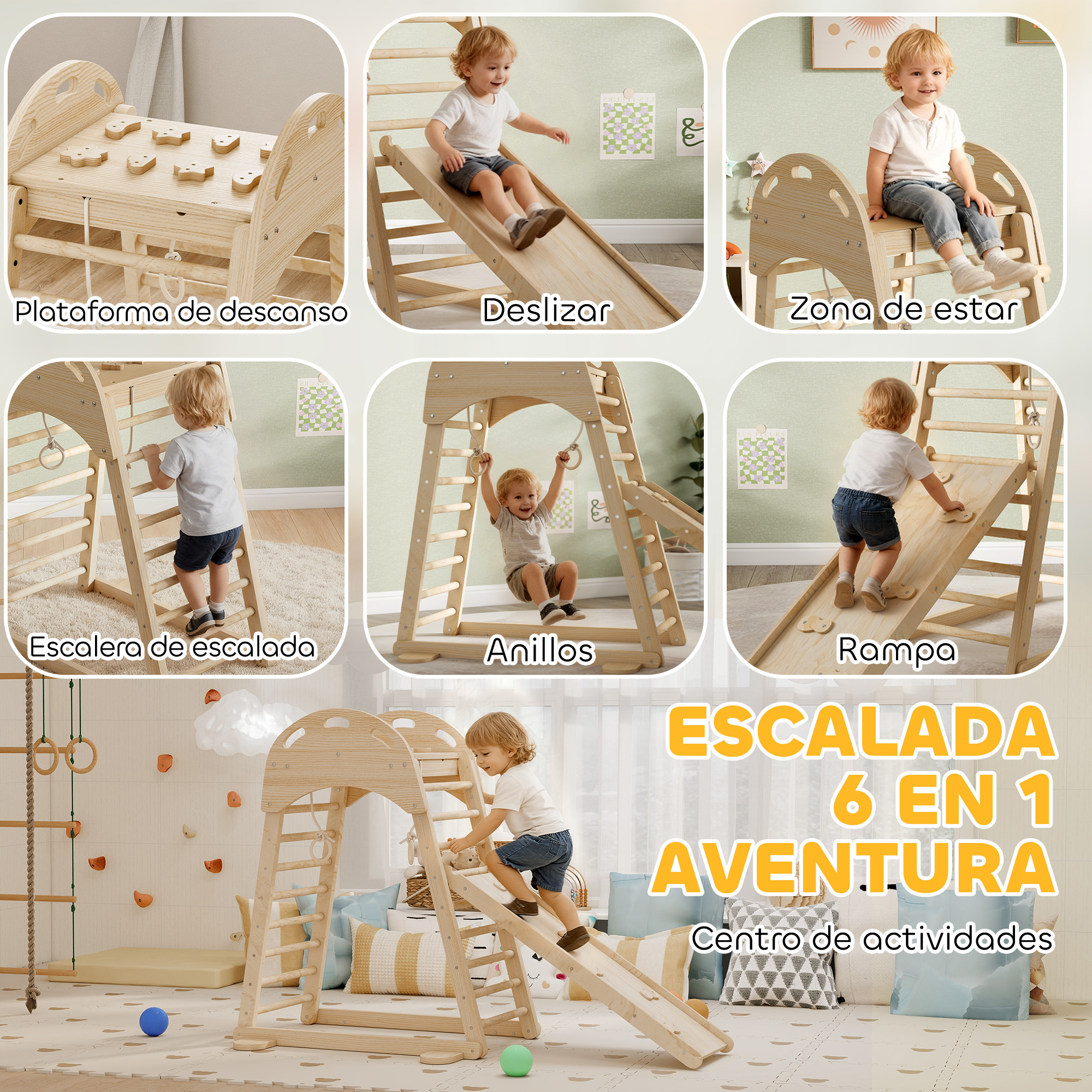 Un niño pequeño se desliza por un tobogán de madera, rodeado de estructuras.