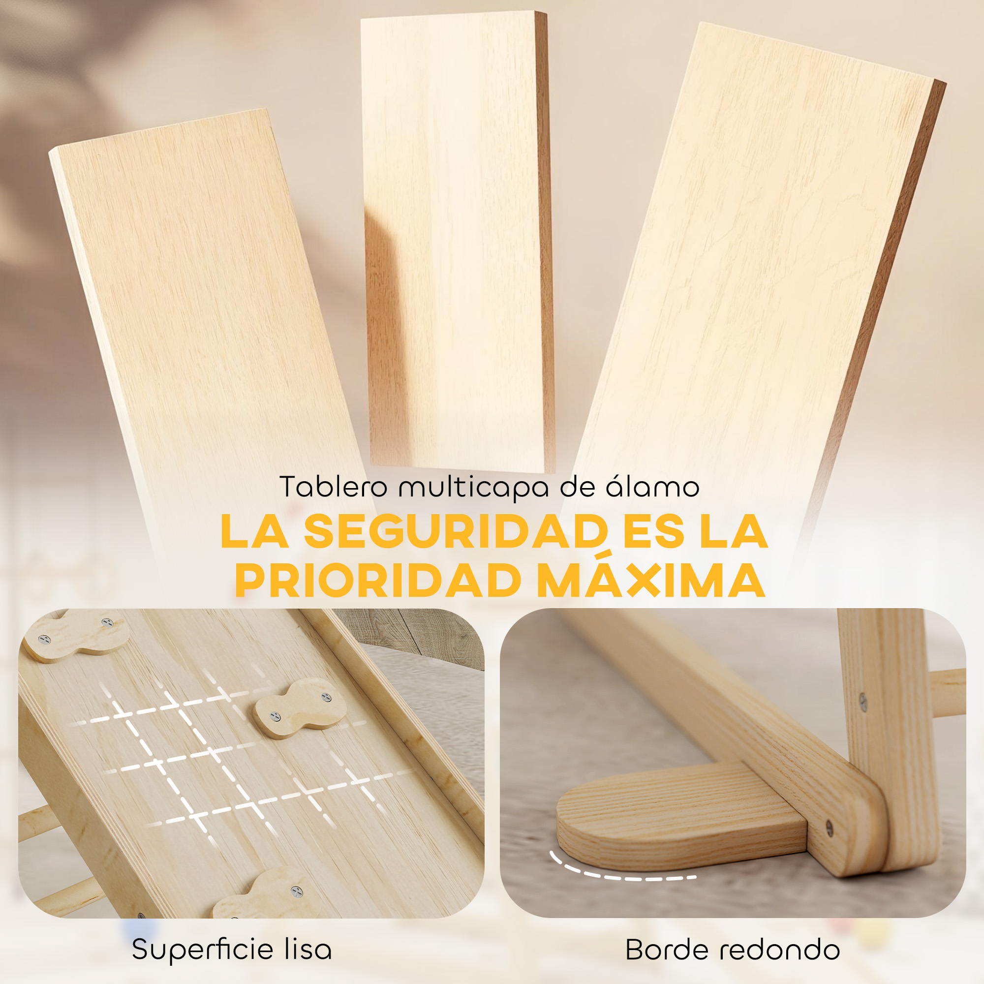 Tableros de madera con texto: La seguridad es la máxima prioridad.