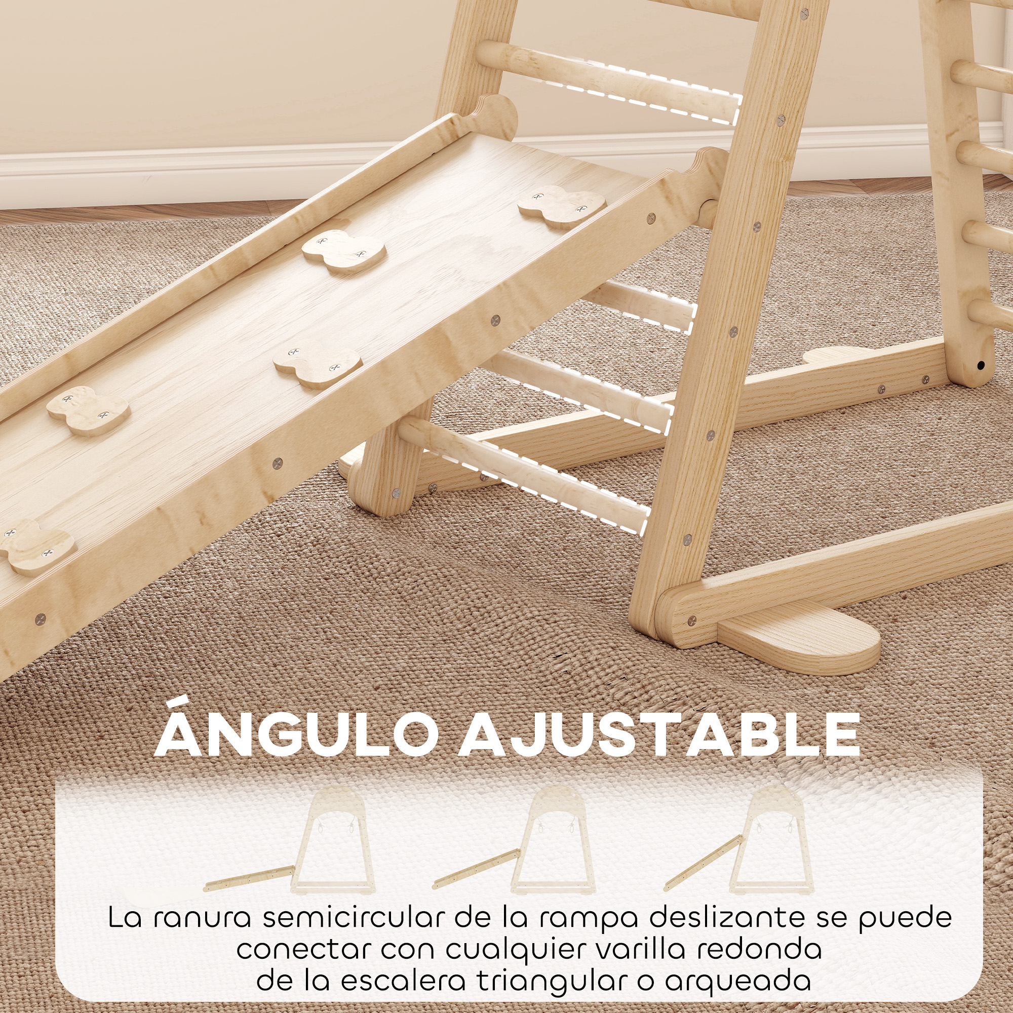 Estructura de juego de madera con rampa y escaleras sobre alfombra.