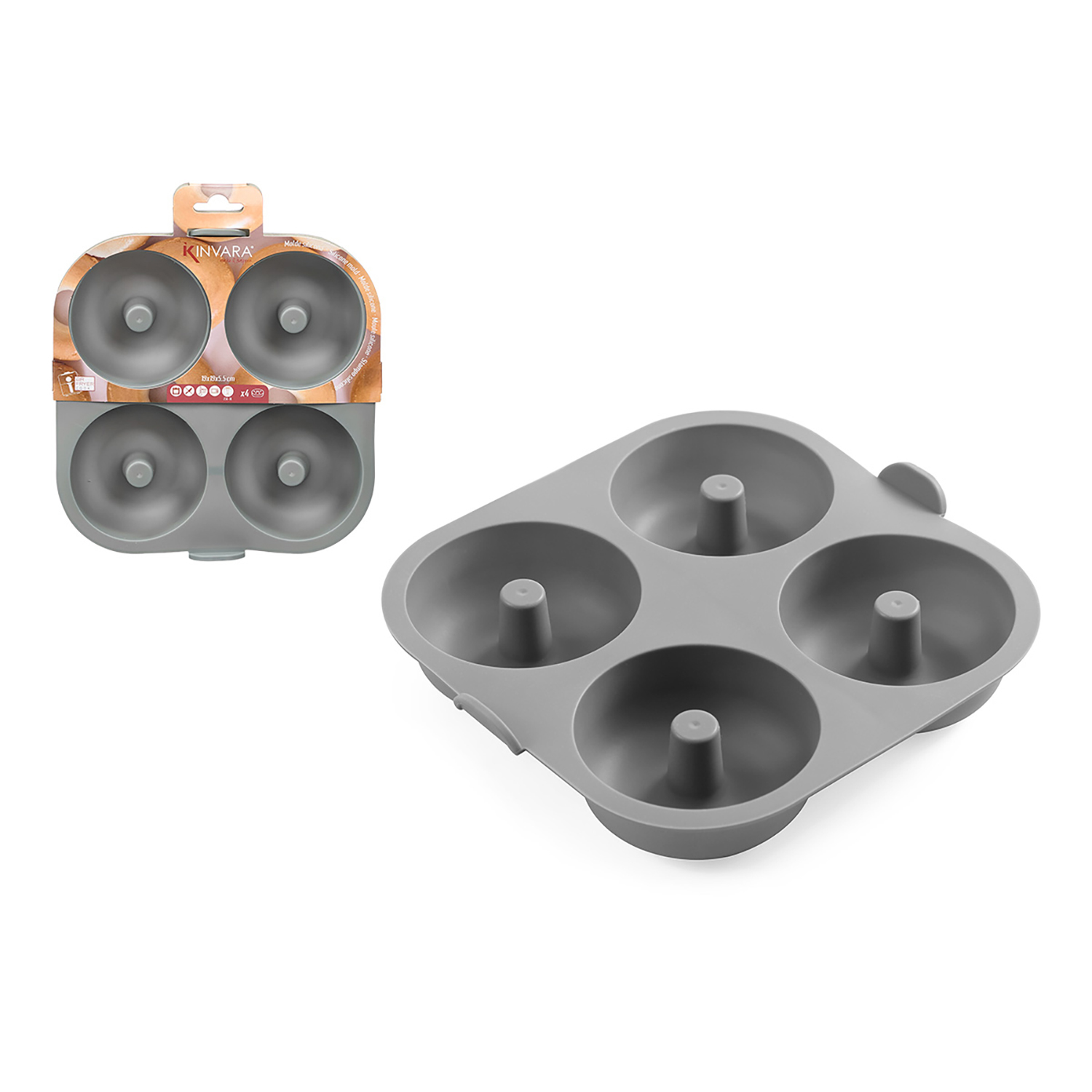 Molde de silicona gris para donuts con cuatro cavidades y postes centrales. Empaque al lado.