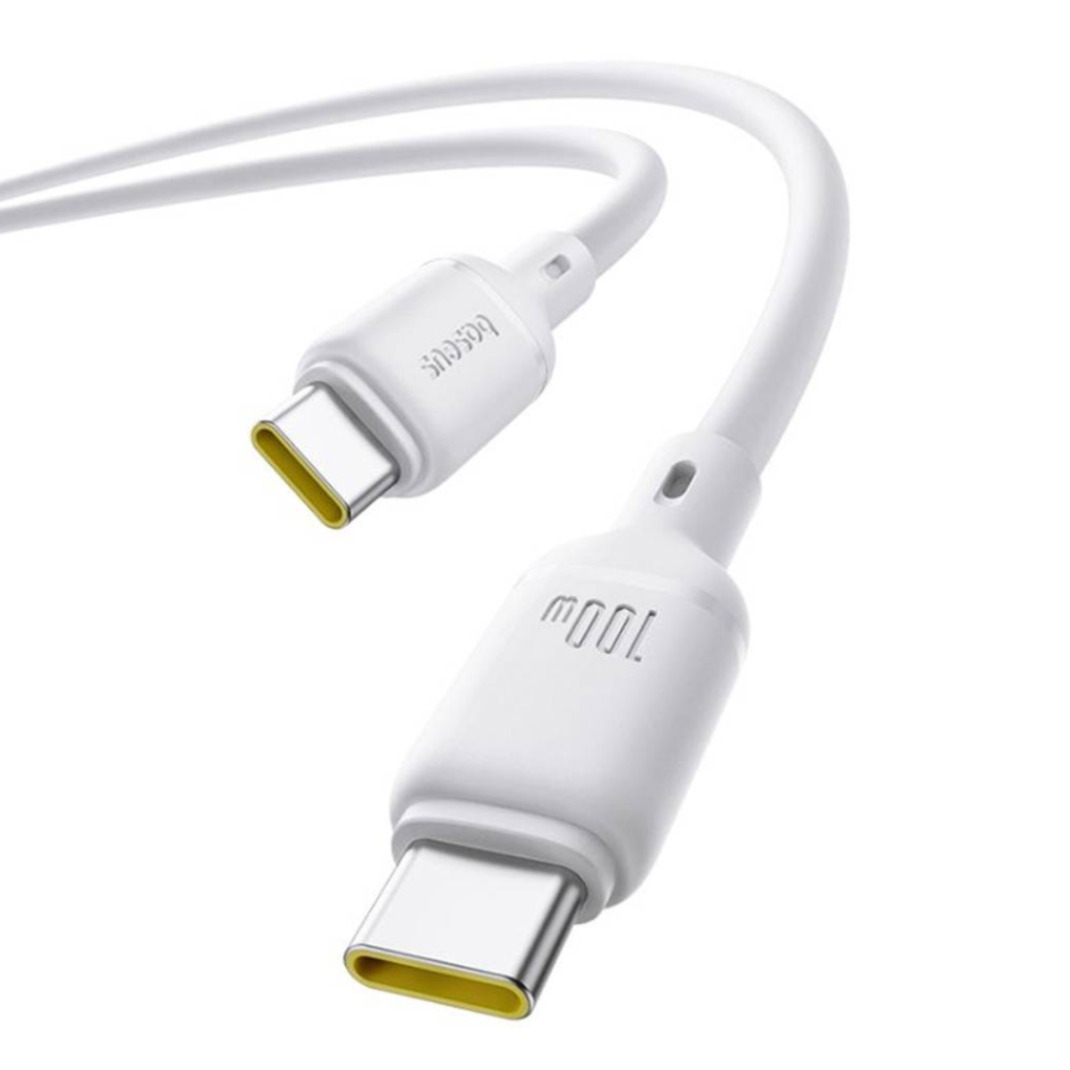 Een witte USB-C-kabel met twee connectoren, gelabeld 'Baseus' en '100W'.
