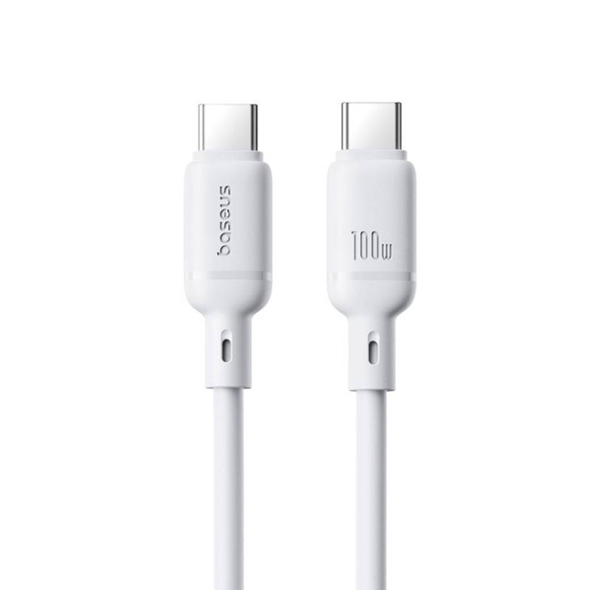 Twee witte USB-C kabels met zilveren connectoren. Eén toont het 'baseus' logo, de ander '100w'.