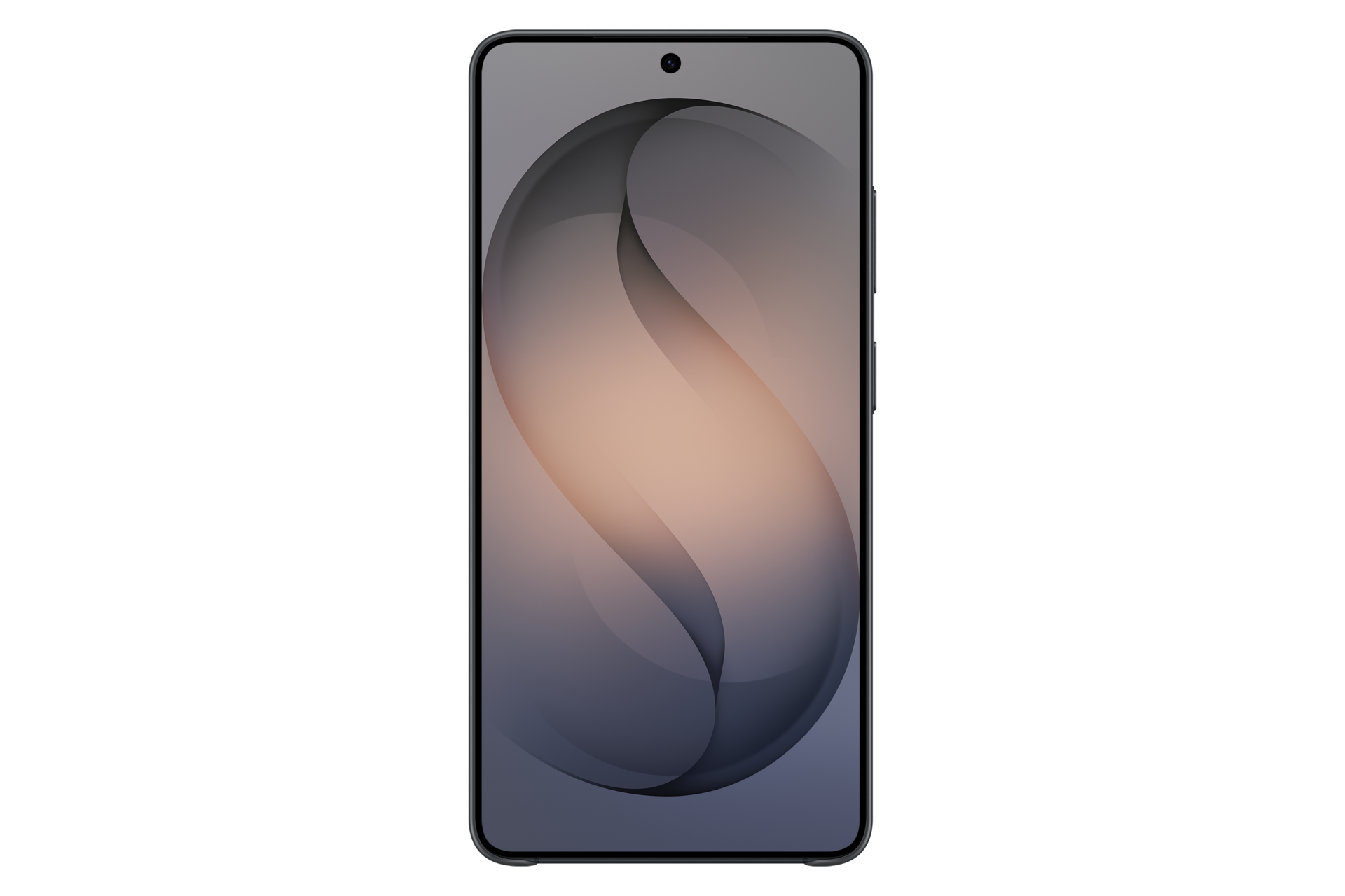 Un smartphone con pantalla oscura que muestra un fondo abstracto en tonos grises y curvas suaves.
