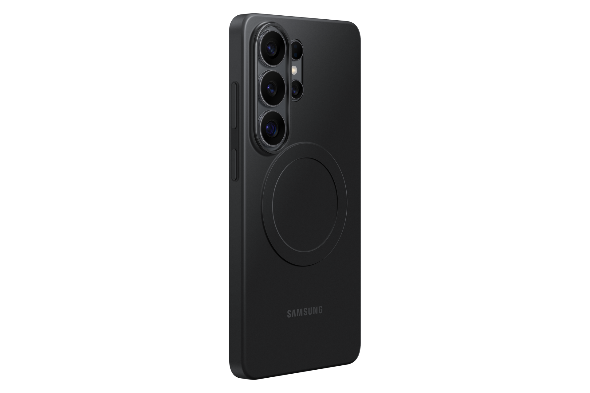 Teléfono inteligente Samsung negro con triple cámara y anillo magnético detrás.