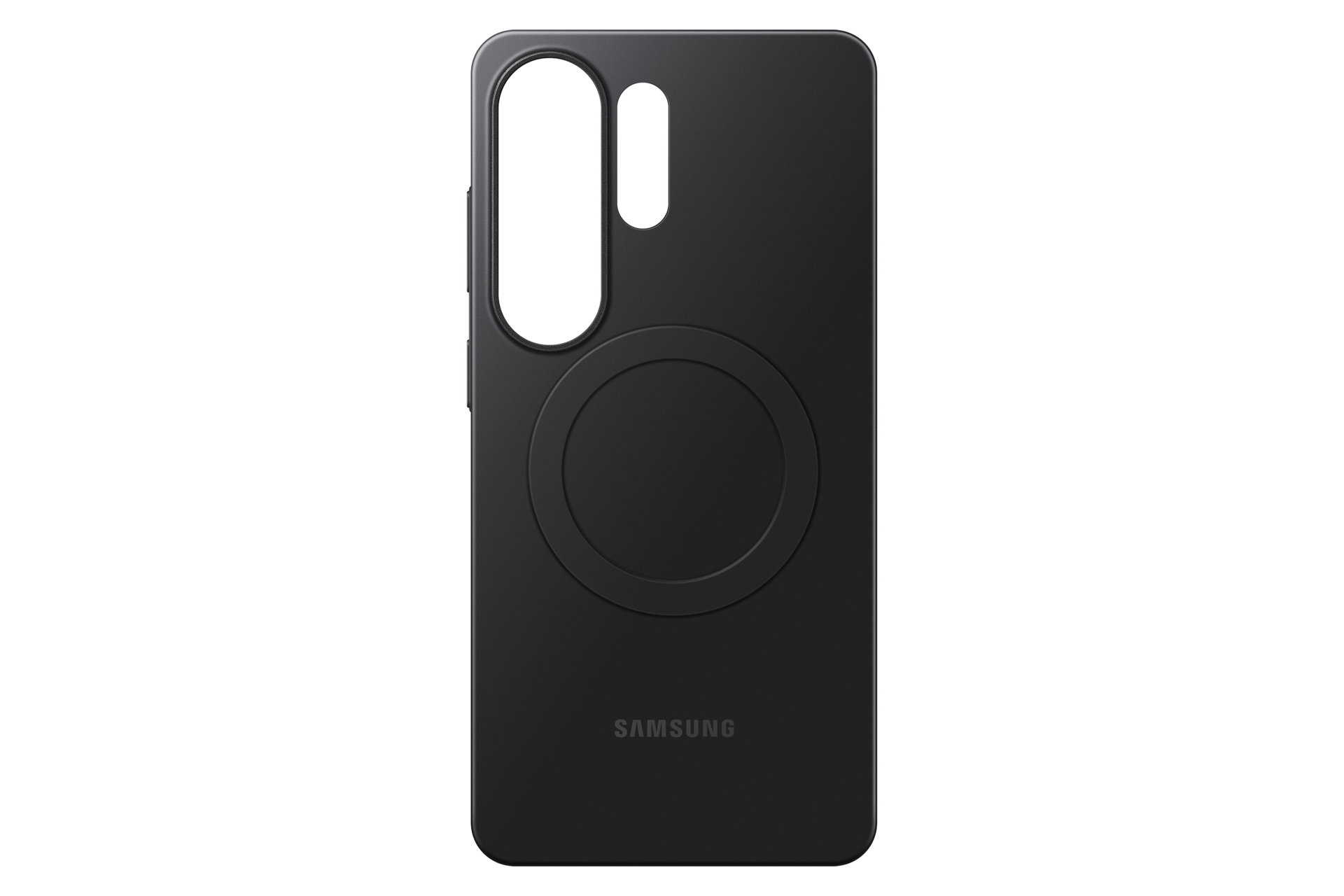Funda negra para teléfono con recorte de cámara y anillo de carga.