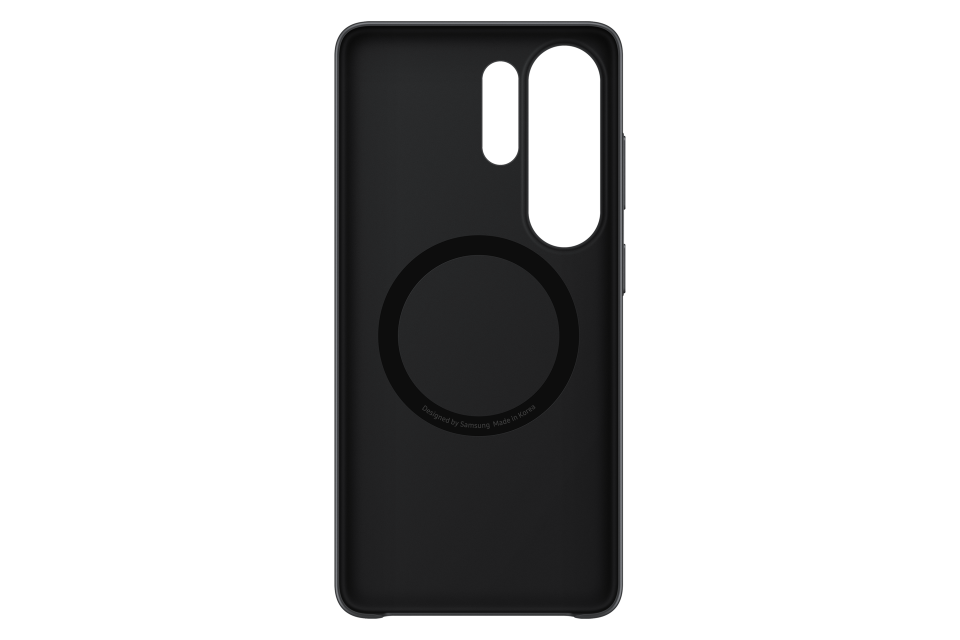 Funda negra para teléfono con anillo magnético circular y recorte para cámara.