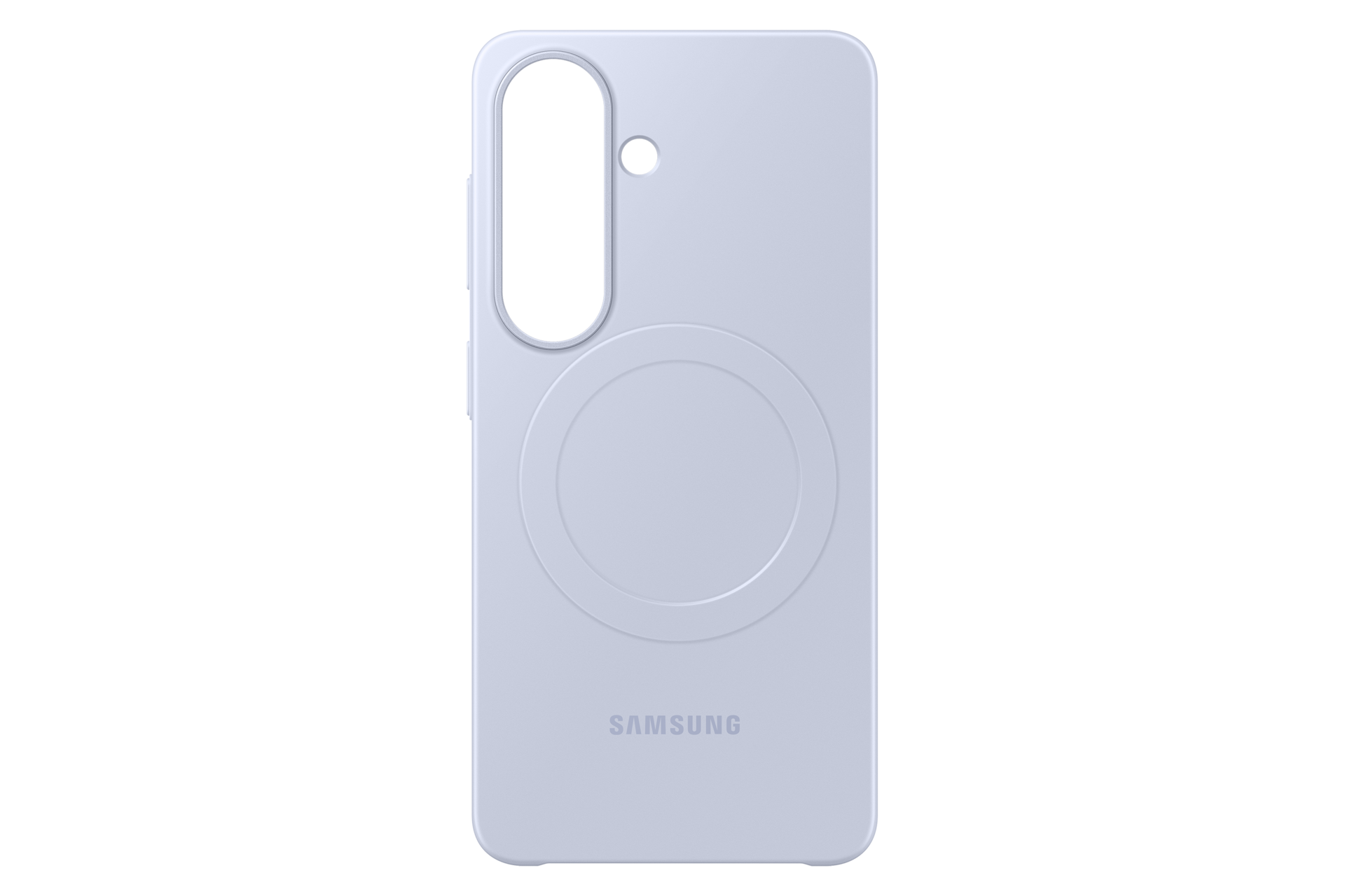 Eine hellviolette Handyhülle mit einem kreisförmigen Ausschnitt und dem Samsung-Logo.