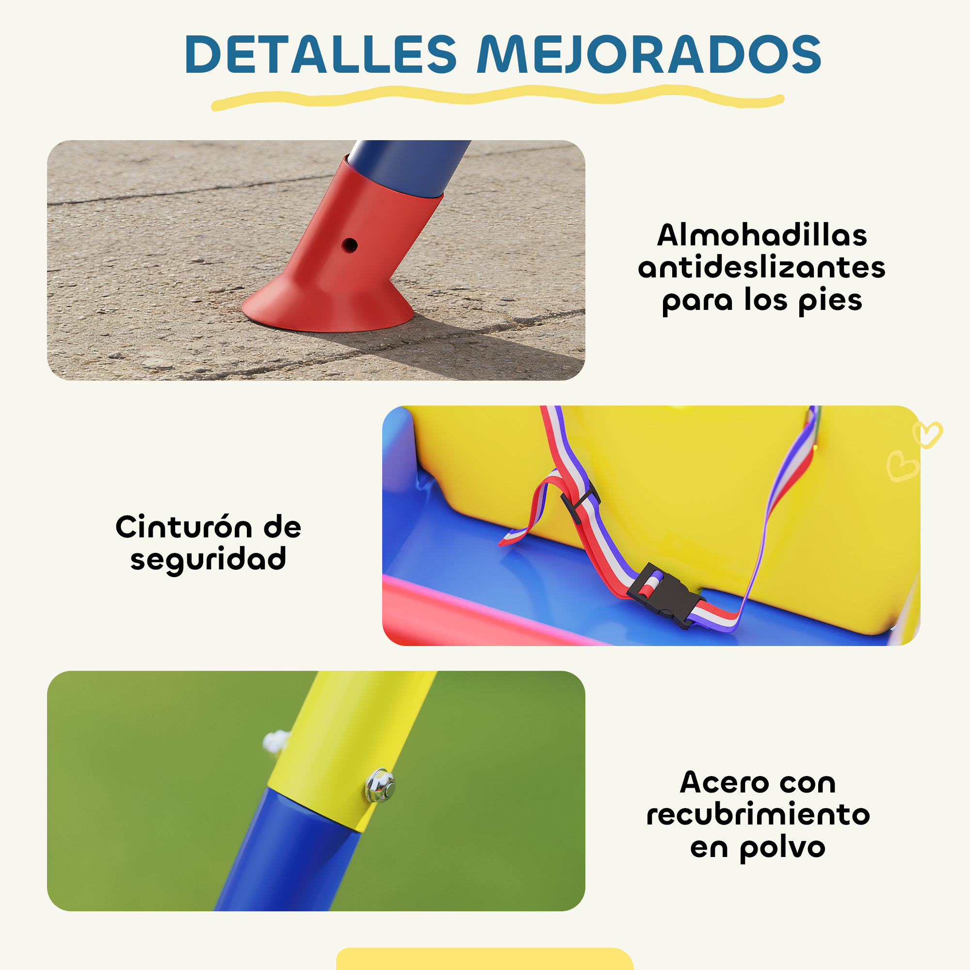 Detalles: Almohadillas antideslizantes, cinturón de seguridad, acero con recubrimiento.