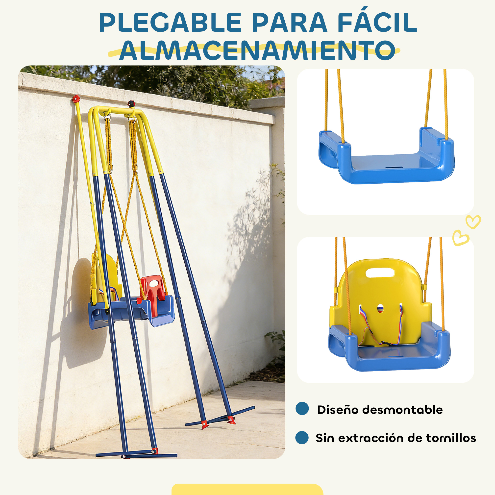 Un columpio infantil azul y amarillo con marco y cuerdas azules.