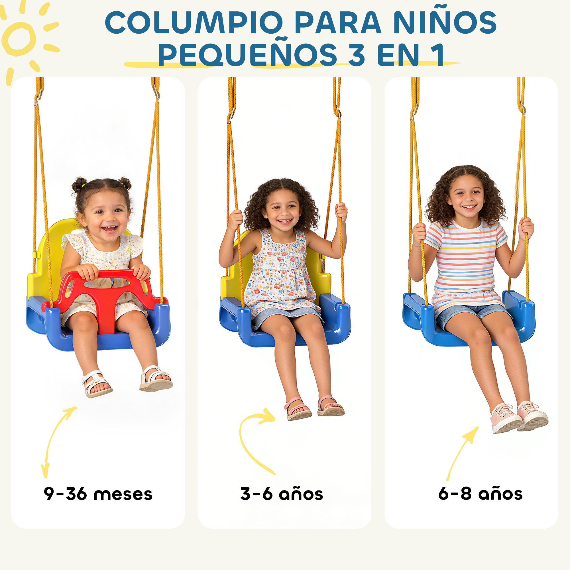 Tres niños en columpios: bebé, niño pequeño y niño mayor.
