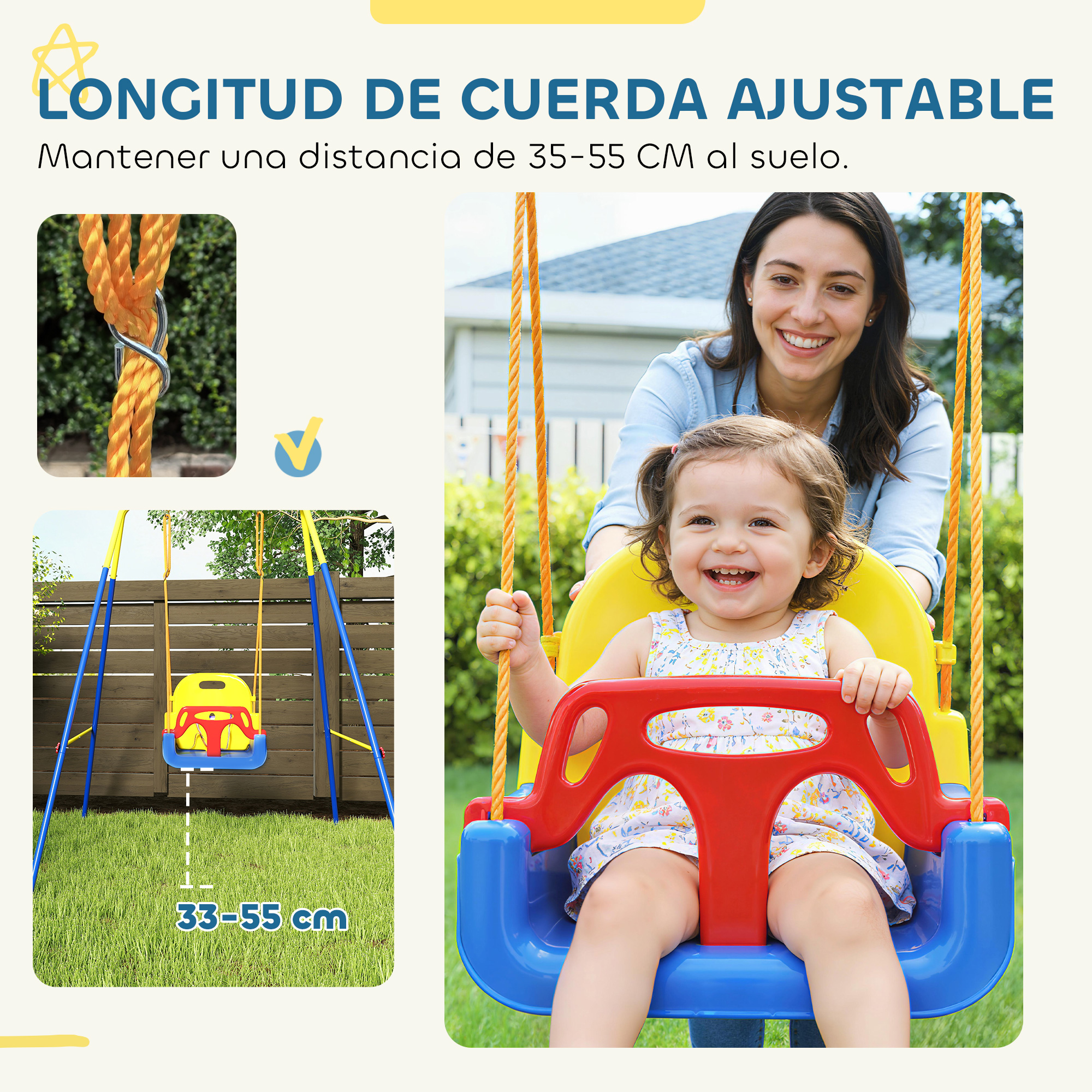 Madre e hija en columpio amarillo con barra roja sobre césped verde.