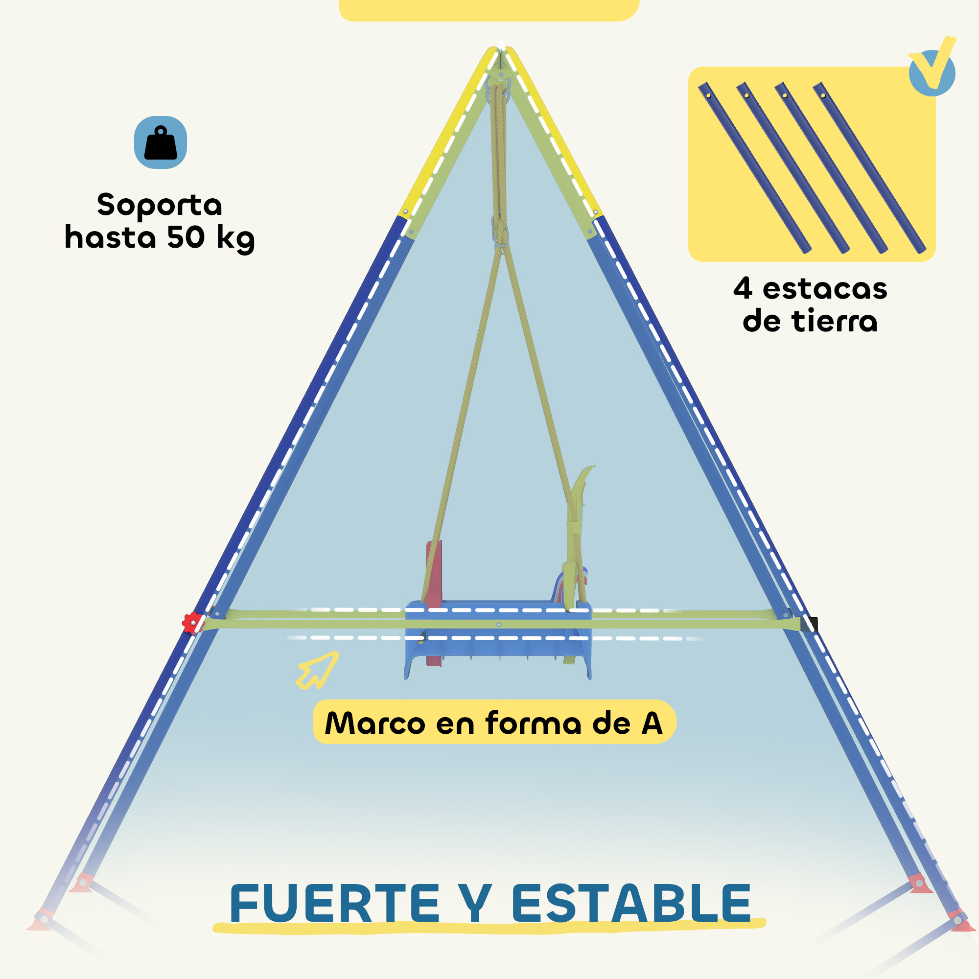 Tienda de campaña A-frame fuerte y estable. Soporta hasta 50 kg.