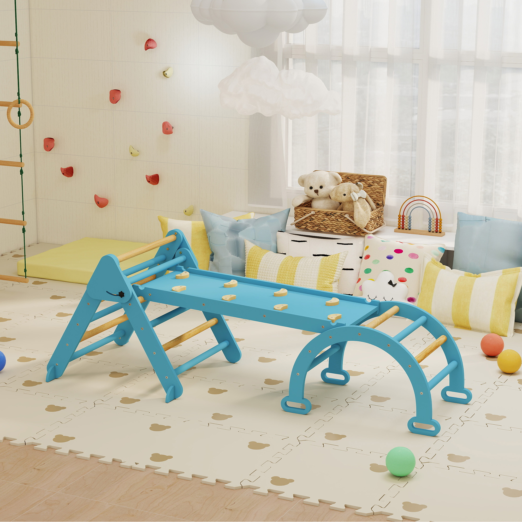 Un triángulo de escalada azul con peldaños de madera se asienta sobre una alfombra con ositos de peluche. Almohadas coloridas y juguetes cerca.