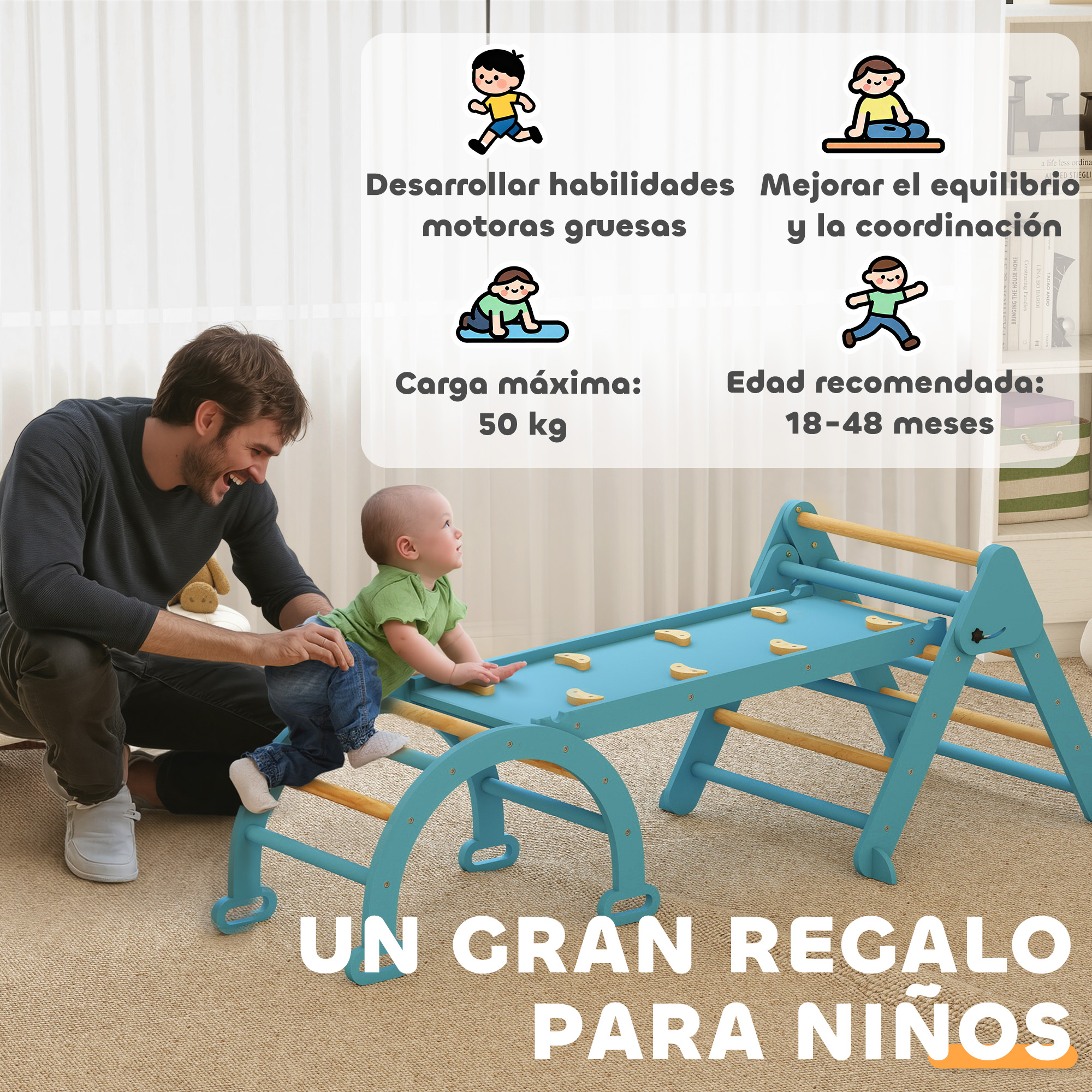 Hombre con bebé en estructura de juego. Texto sobre habilidades y edad.