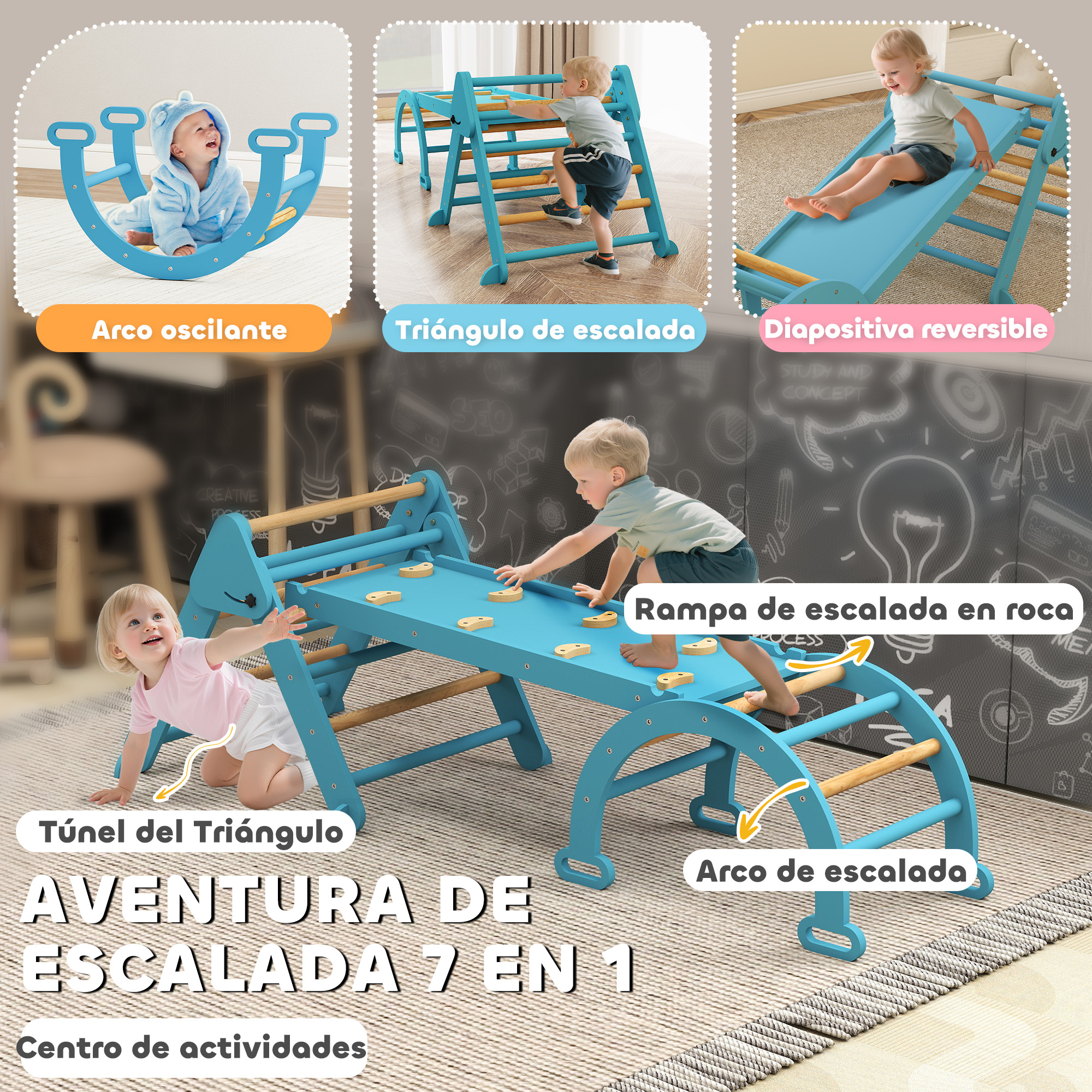 Niños jugando en una estructura de escalada azul con elementos como balancín y tobogán.