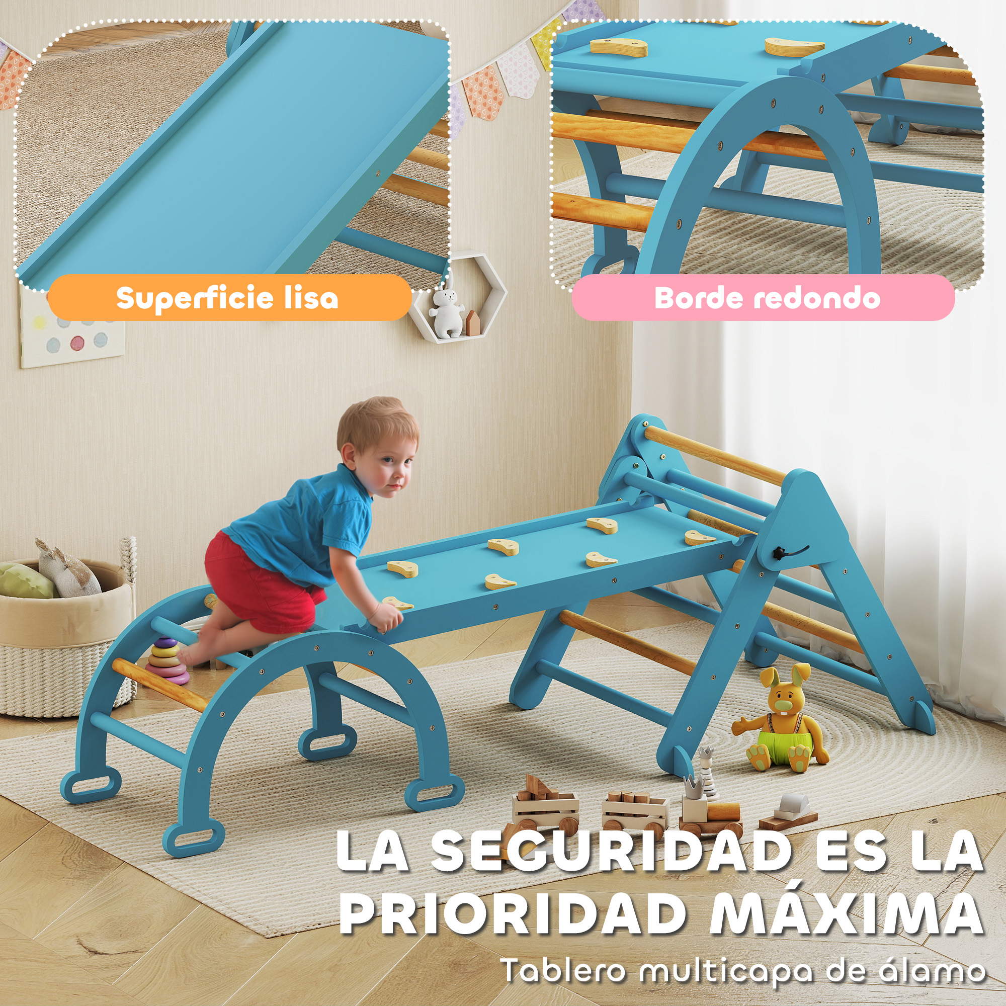 Un niño pequeño trepa en una estructura de juego azul con peldaños de madera sobre una alfombra.