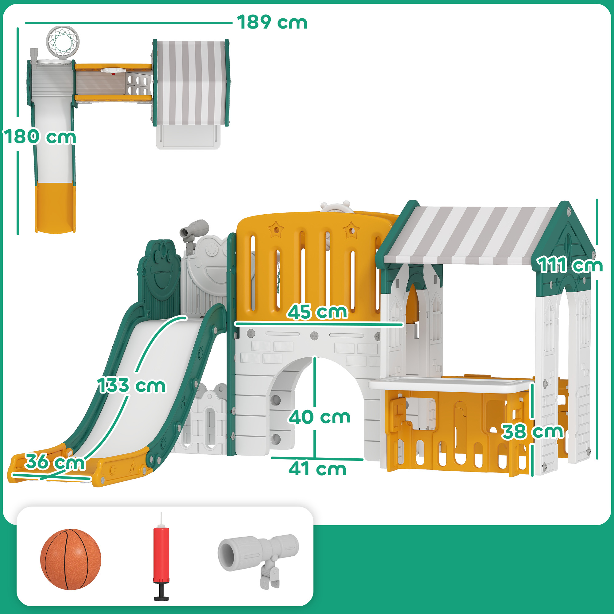 Casa de juegos con tobogán, canasta de baloncesto y accesorios como balón, bomba, telescopio.