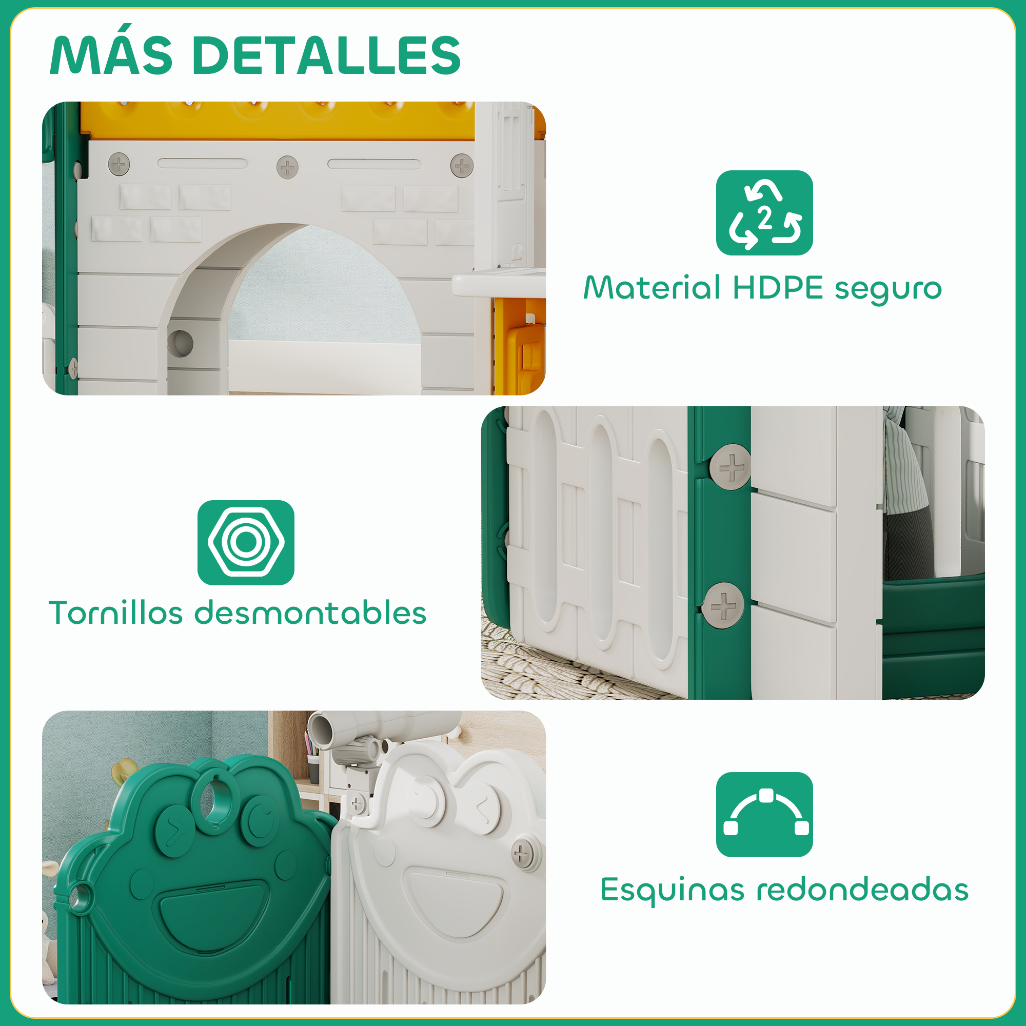 Detalles de una casa de juegos blanca con acentos amarillos y partes verdes.