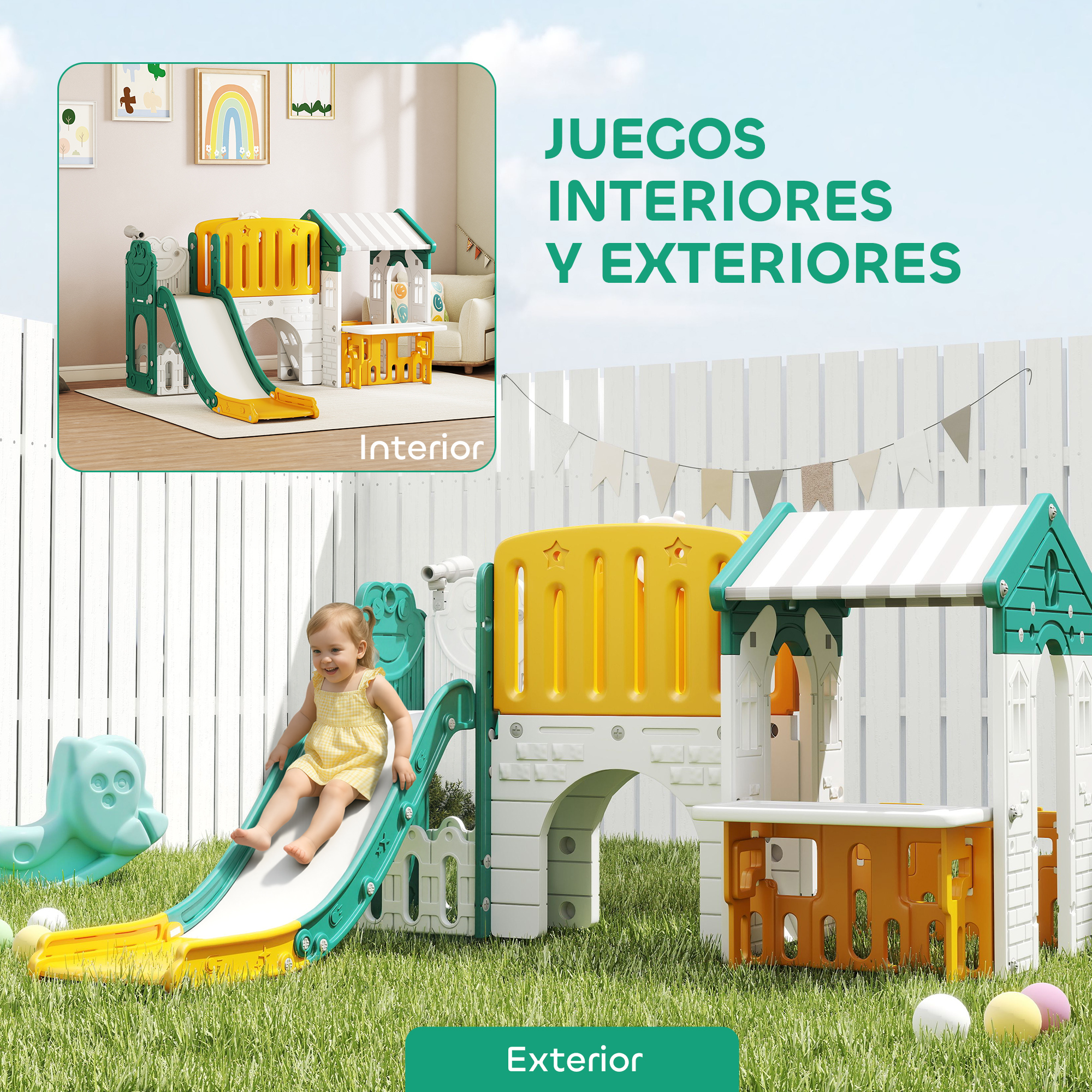 Una niña se desliza por un colorido parque infantil al aire libre.