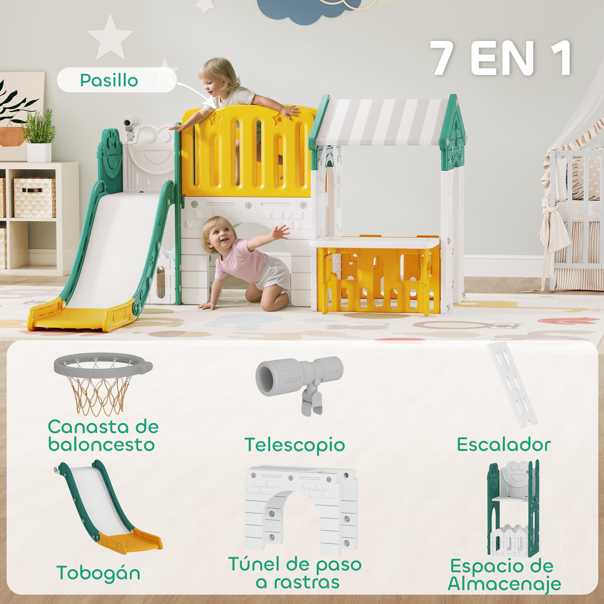 Casa de juegos con tobogán, canasta, telescopio, túnel y escalera.