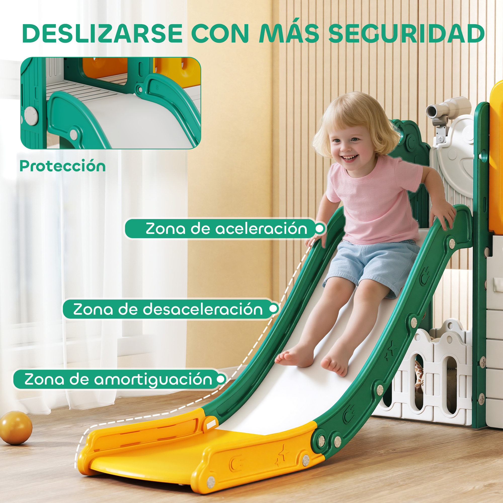 Una niña pequeña se desliza por un tobogán colorido con zonas de seguridad.