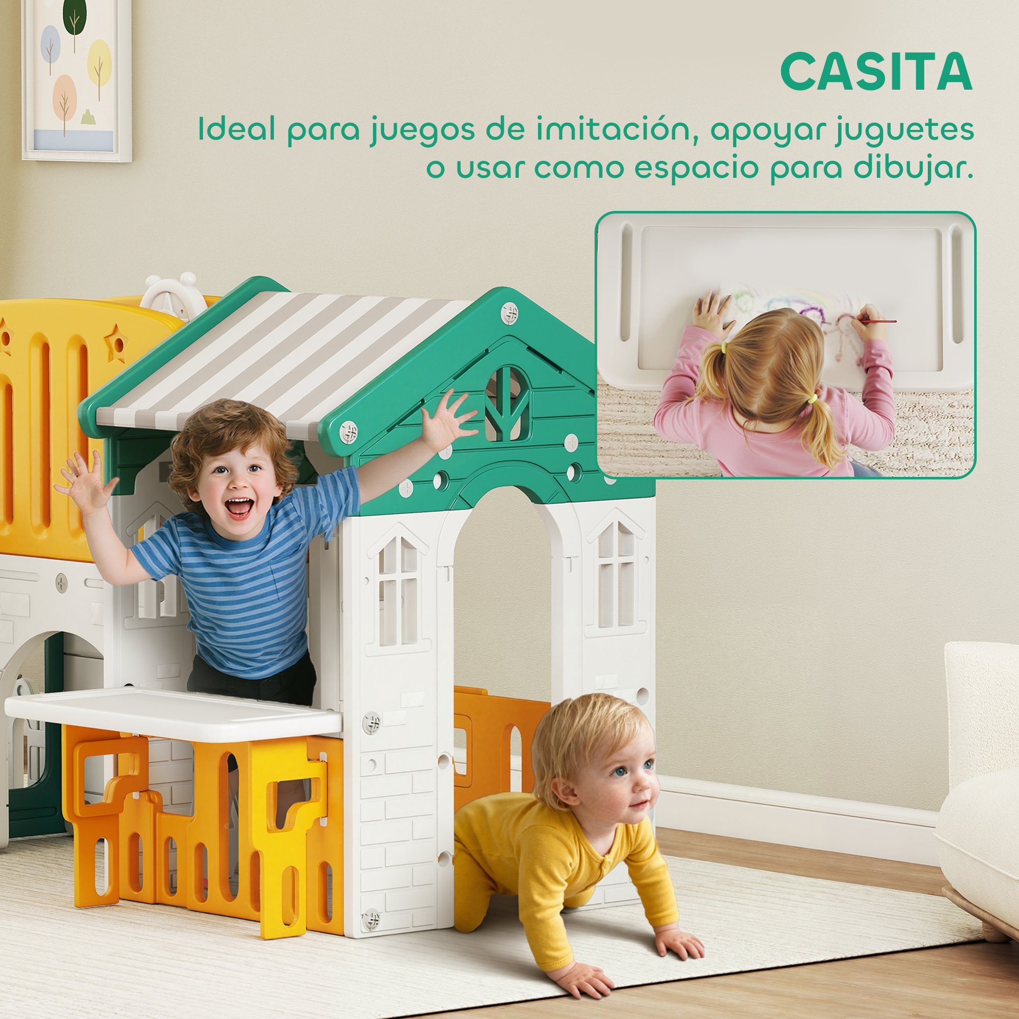 Dos niños juegan en una casa de juegos colorida. Un niño saluda, un bebé gatea.