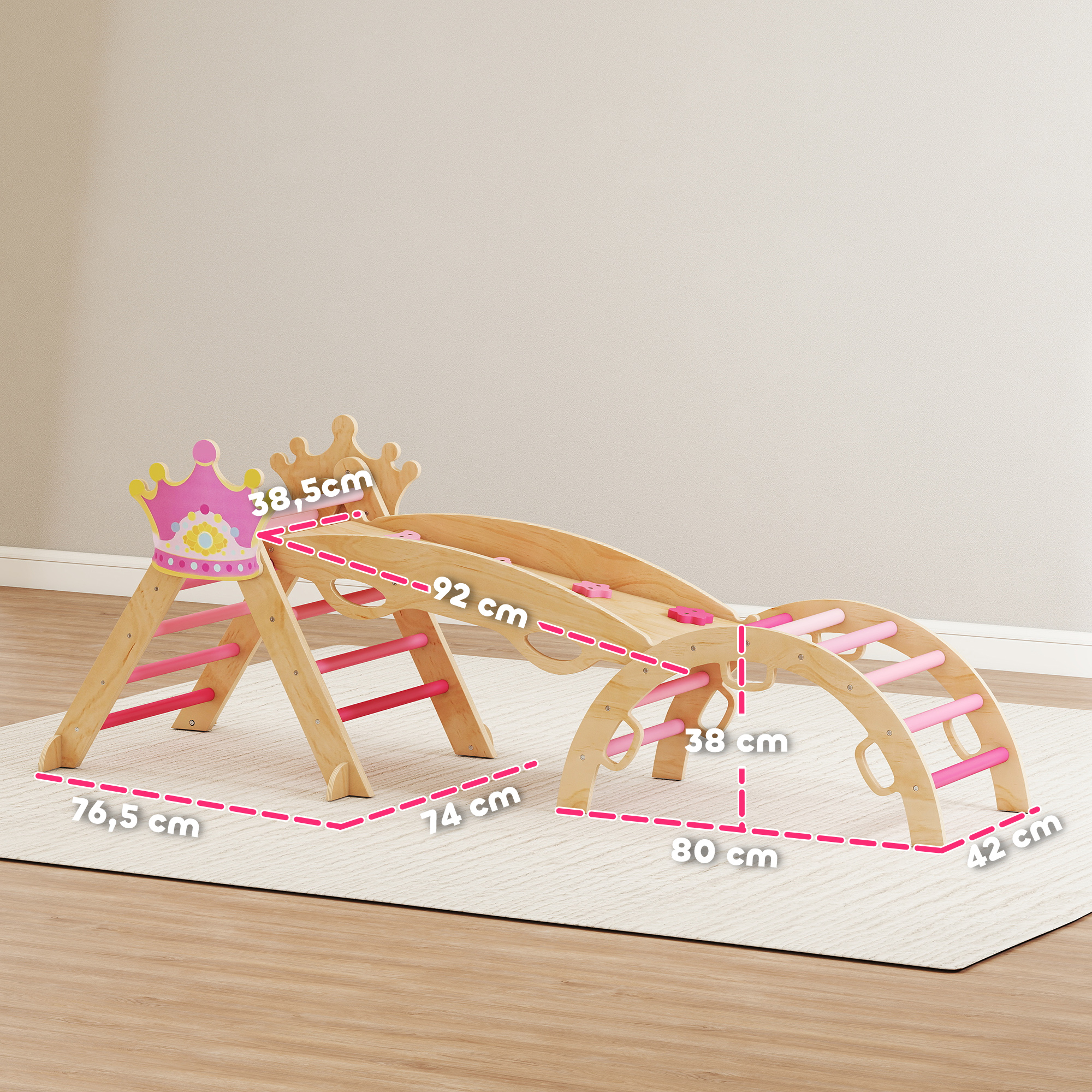 Estructura de escalada de madera con peldaños rosas y decoración de corona, con medidas.