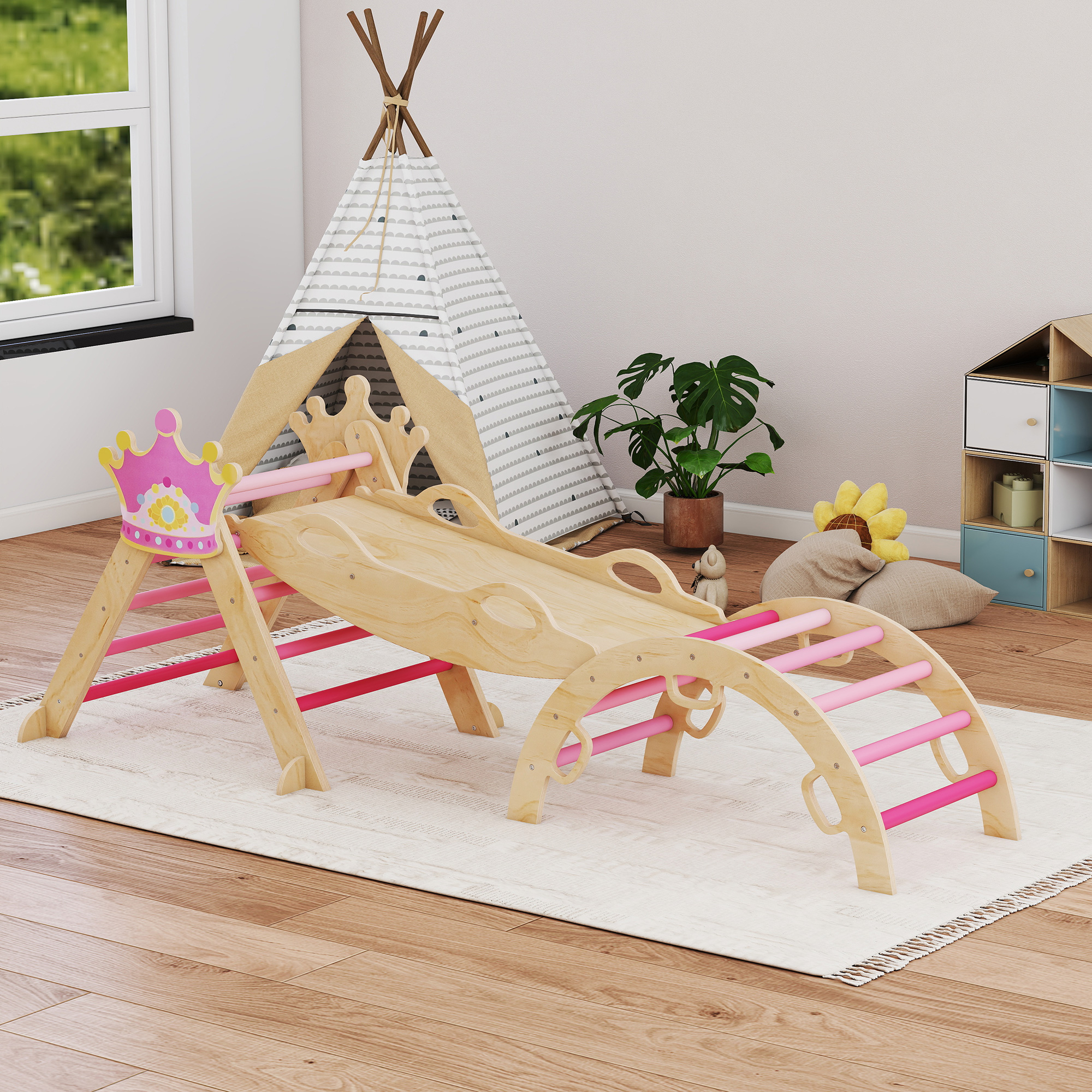 Un set de juego de madera con tobogán, arco de escalada y tienda en una habitación infantil.