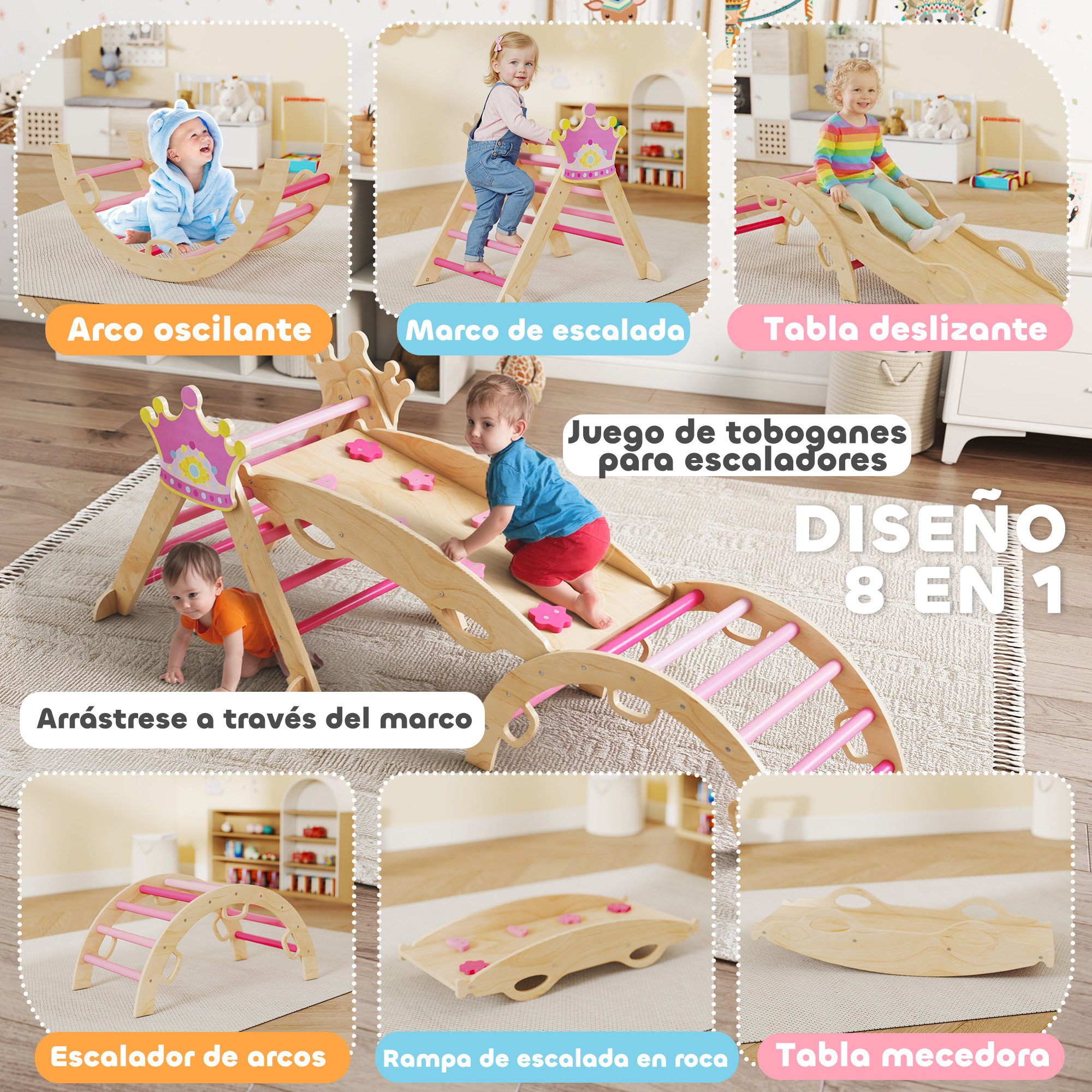 Bebé con bata azul en mecedora de madera. Equipamiento infantil.
