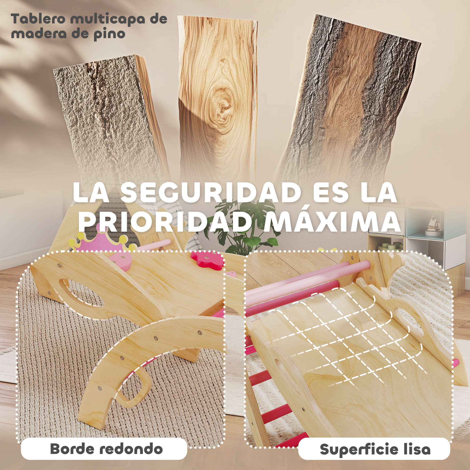 Estructura de juego de madera con bordes redondeados.