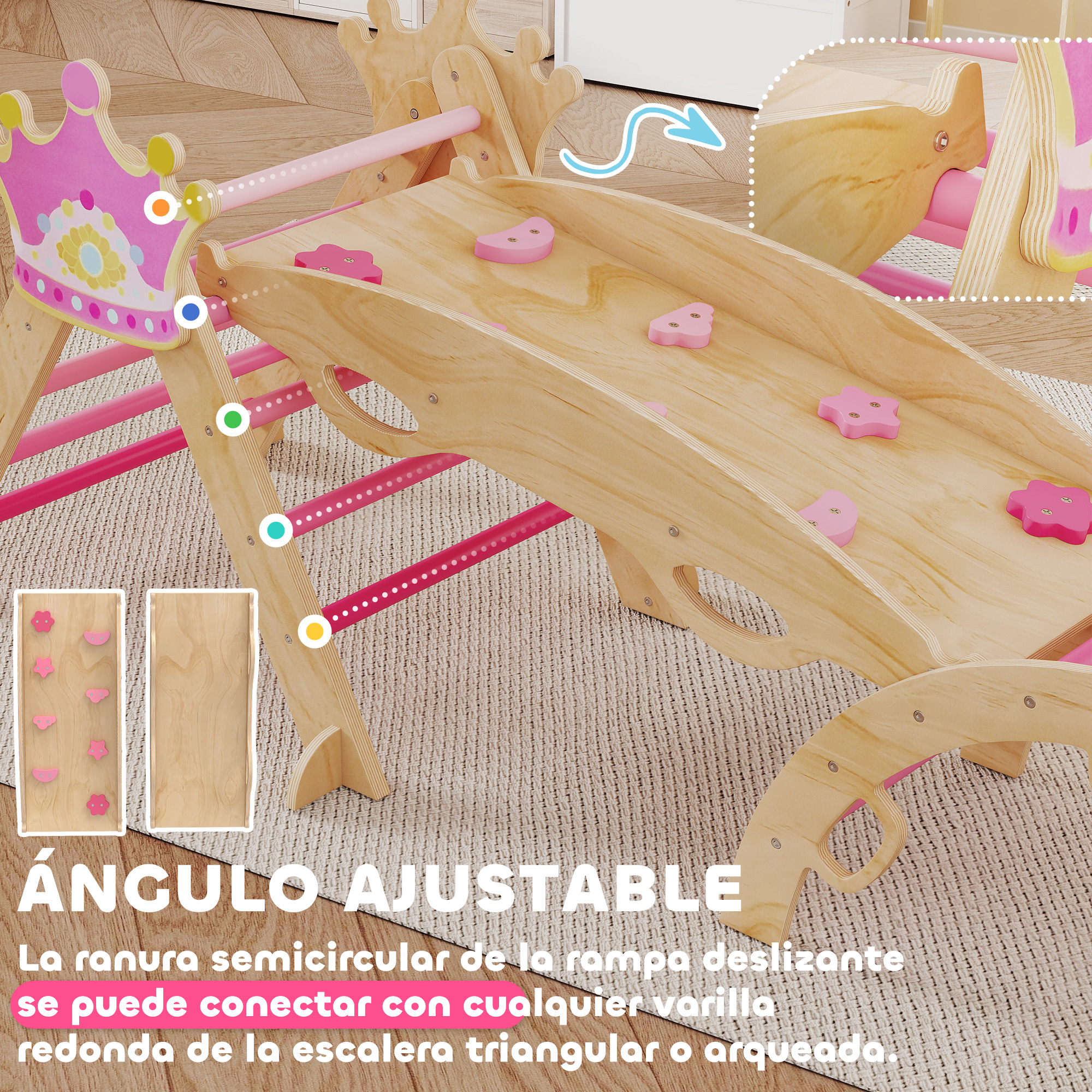 Una estructura de juego de madera para niños con corona, rampa y pared.