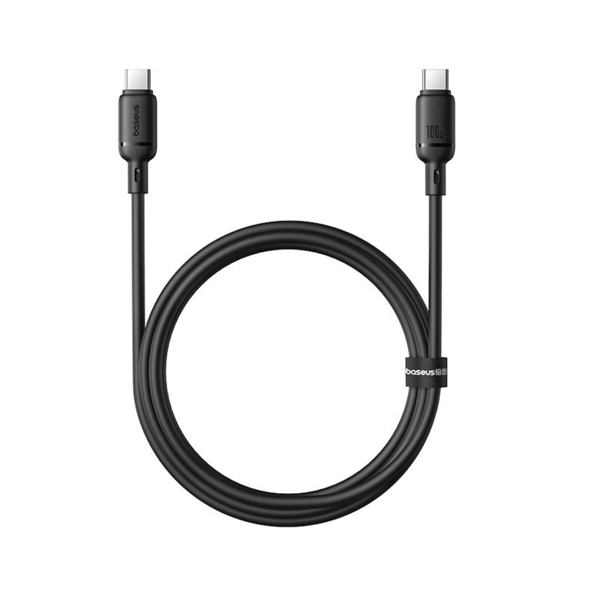 Schwarzes Baseus USB-C-zu-USB-C-Kabel mit 100W Schnelllade-Logo.
