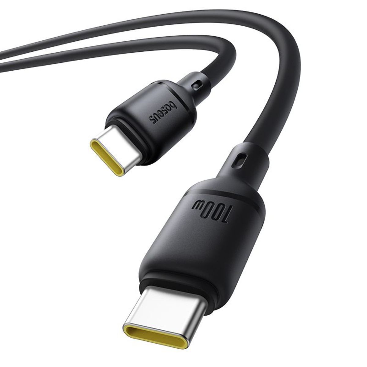 Ein schwarzes USB-C-Kabel mit gelben Akzenten und 'Baseus 100W'-Branding.