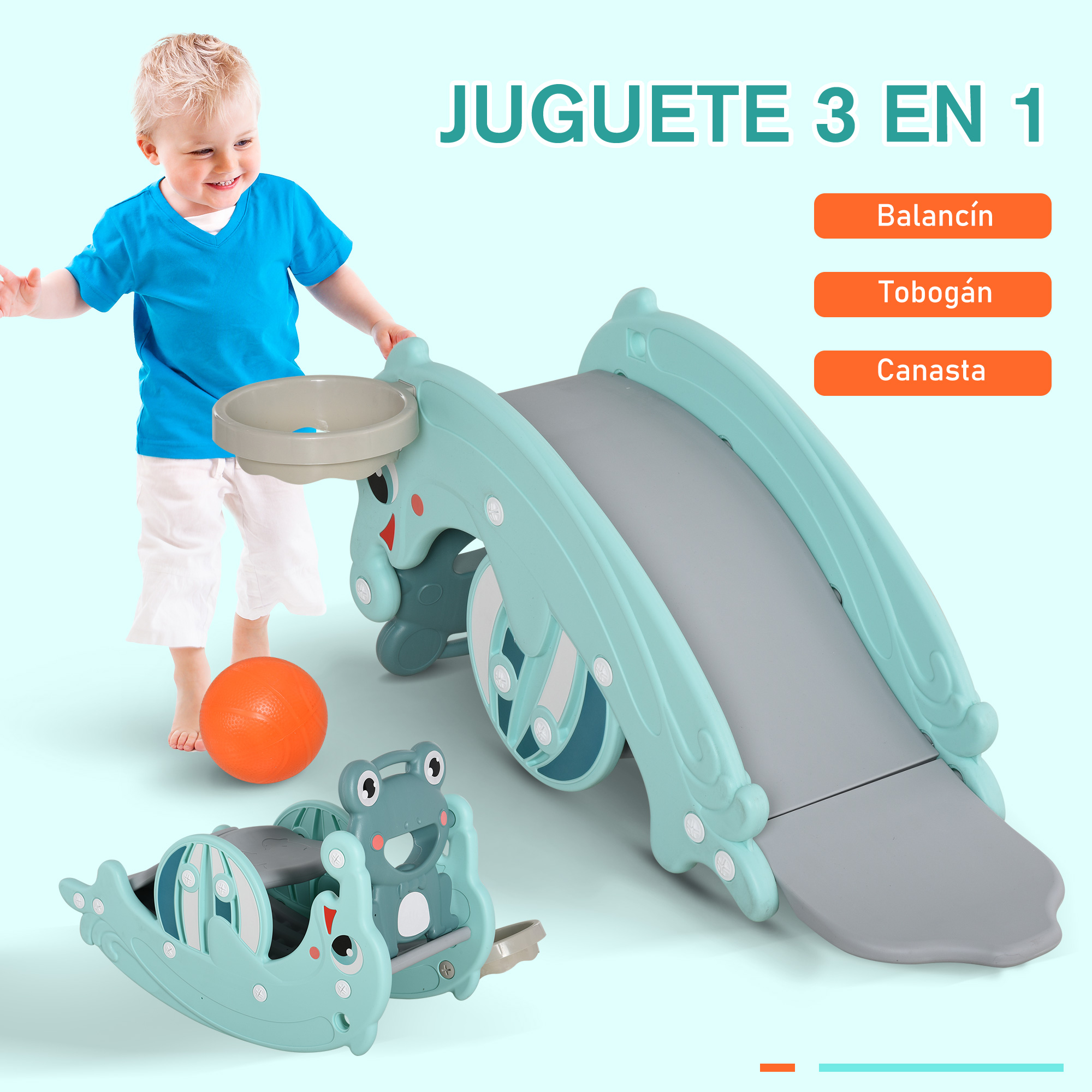 Un niño juega con un juguete verde menta: balancín, tobogán y canasta.