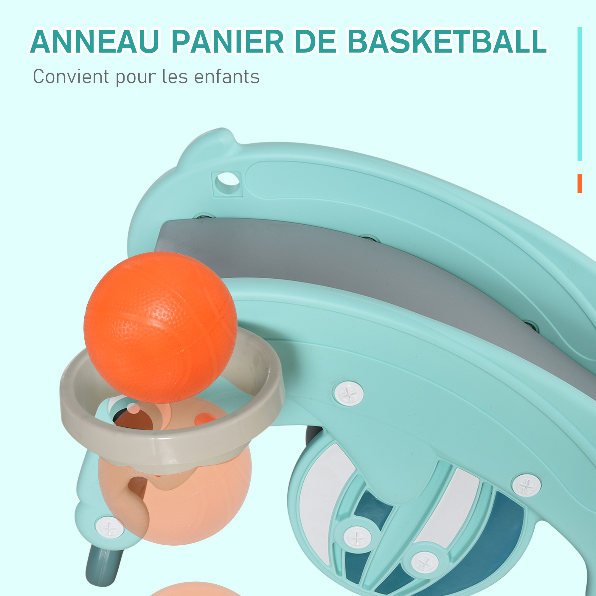 Una pelota naranja en un aro de baloncesto turquesa en una estructura de juego.