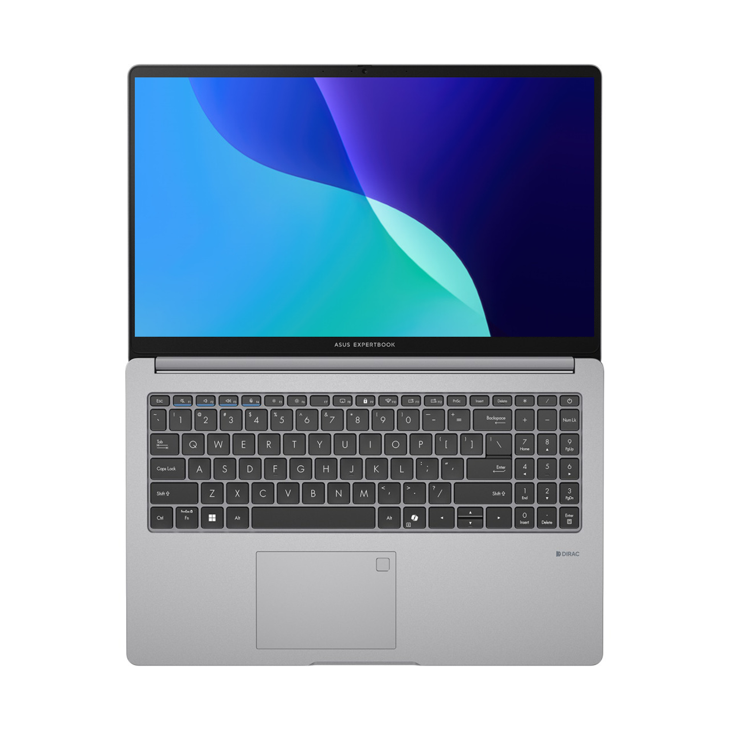 Gümüş renkli ASUS EXPERTBOOK dizüstü bilgisayar açık, mavi ve yeşil arka planı gösteriyor.