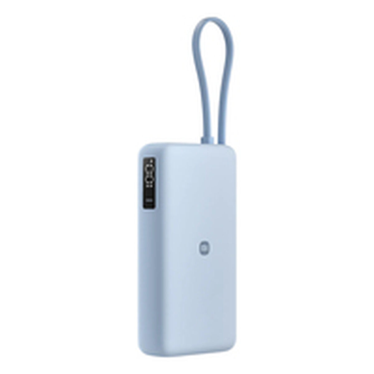 Batterie externe bleu clair avec écran numérique et boucle.