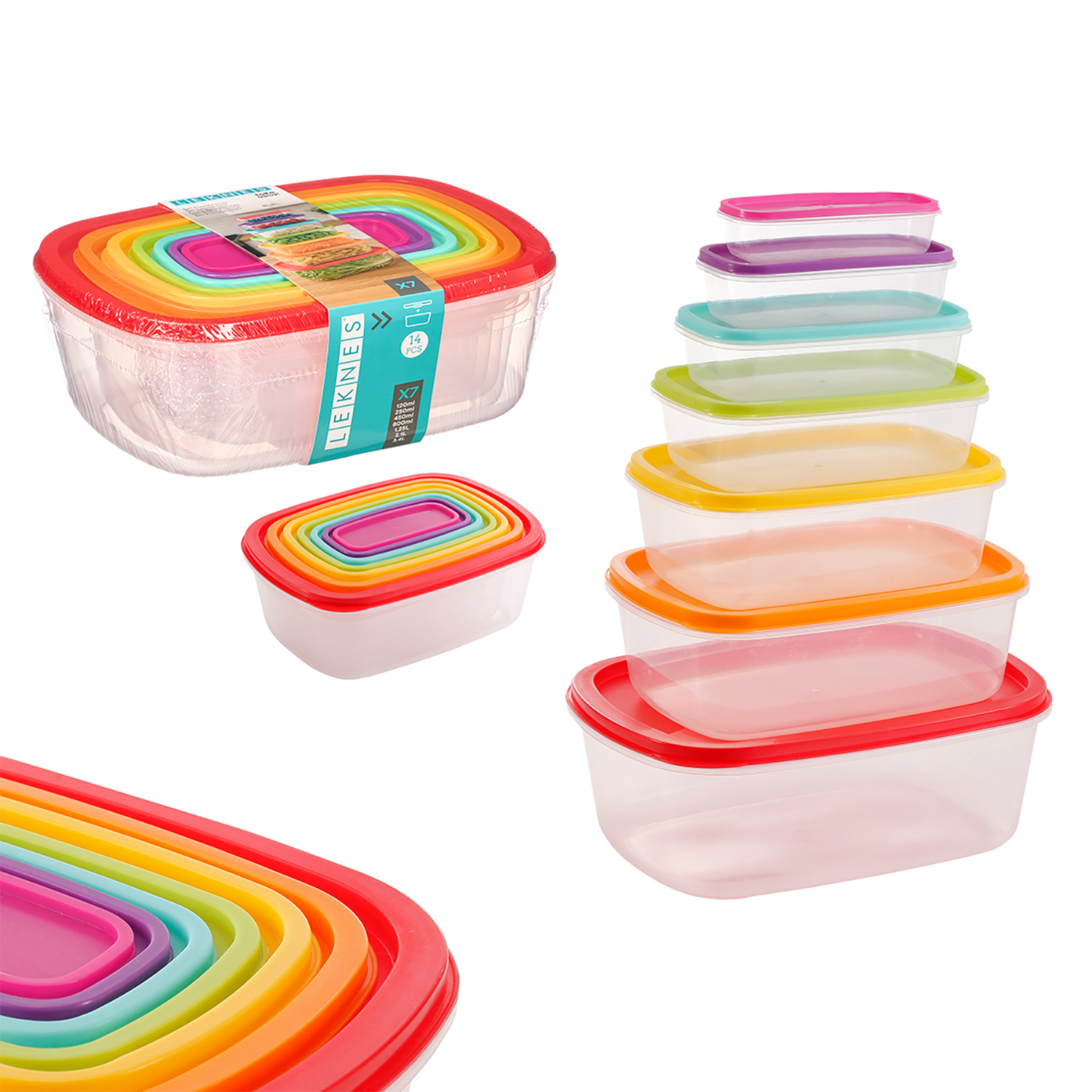 Múltiples recipientes apilables coloridos para alimentos en varios tamaños sobre fondo blanco.