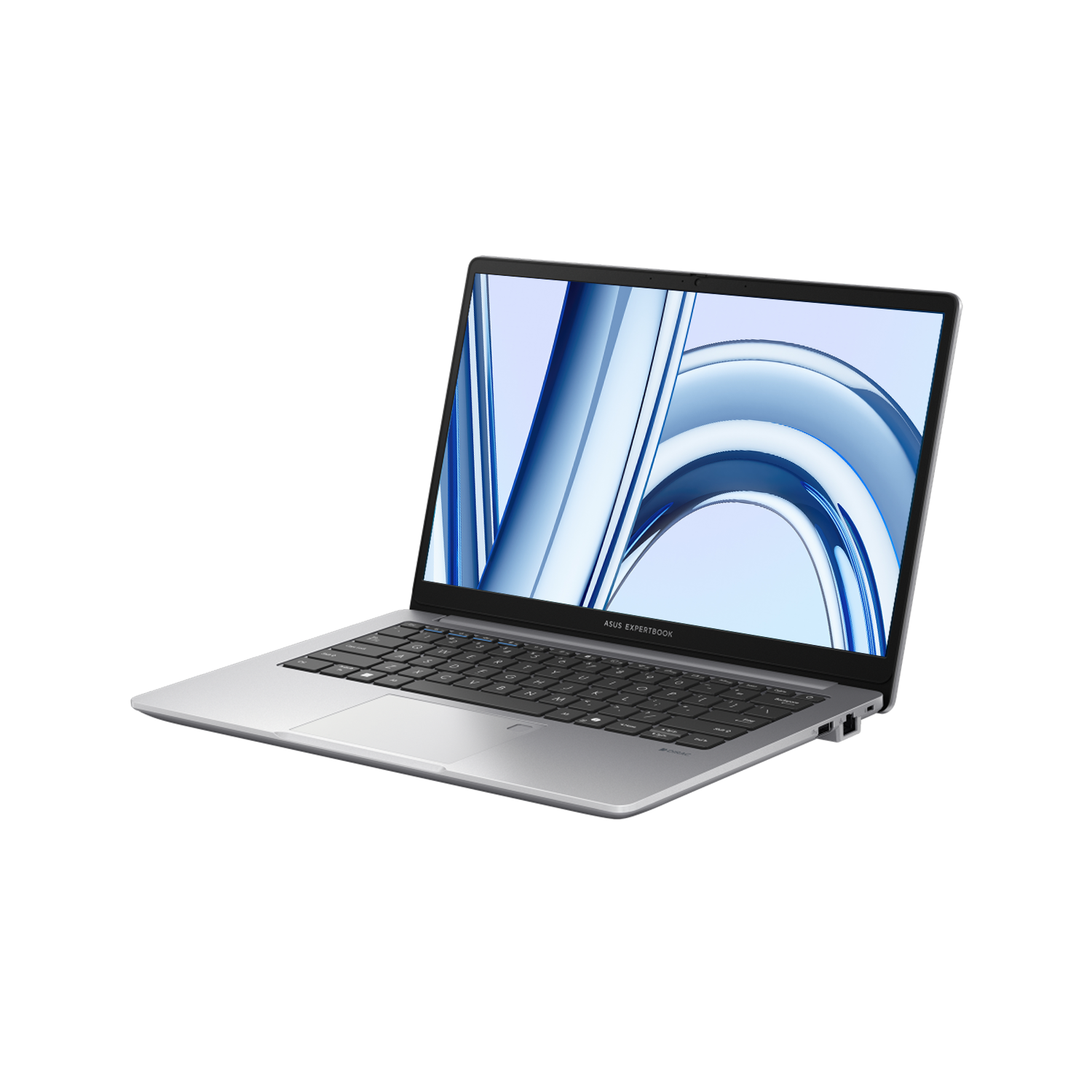Gümüş renkli bir ASUS ExpertBook dizüstü bilgisayar açık, klavyesini ve soyut mavi tasarımlı ekranını gösteriyor.