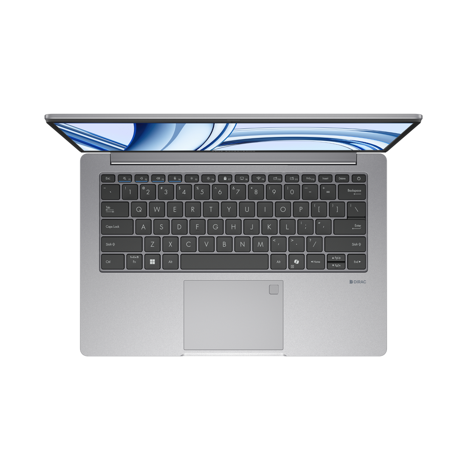 Gümüş rengi laptop, ekranı açık, üstten görünüm, klavyesi görünüyor.